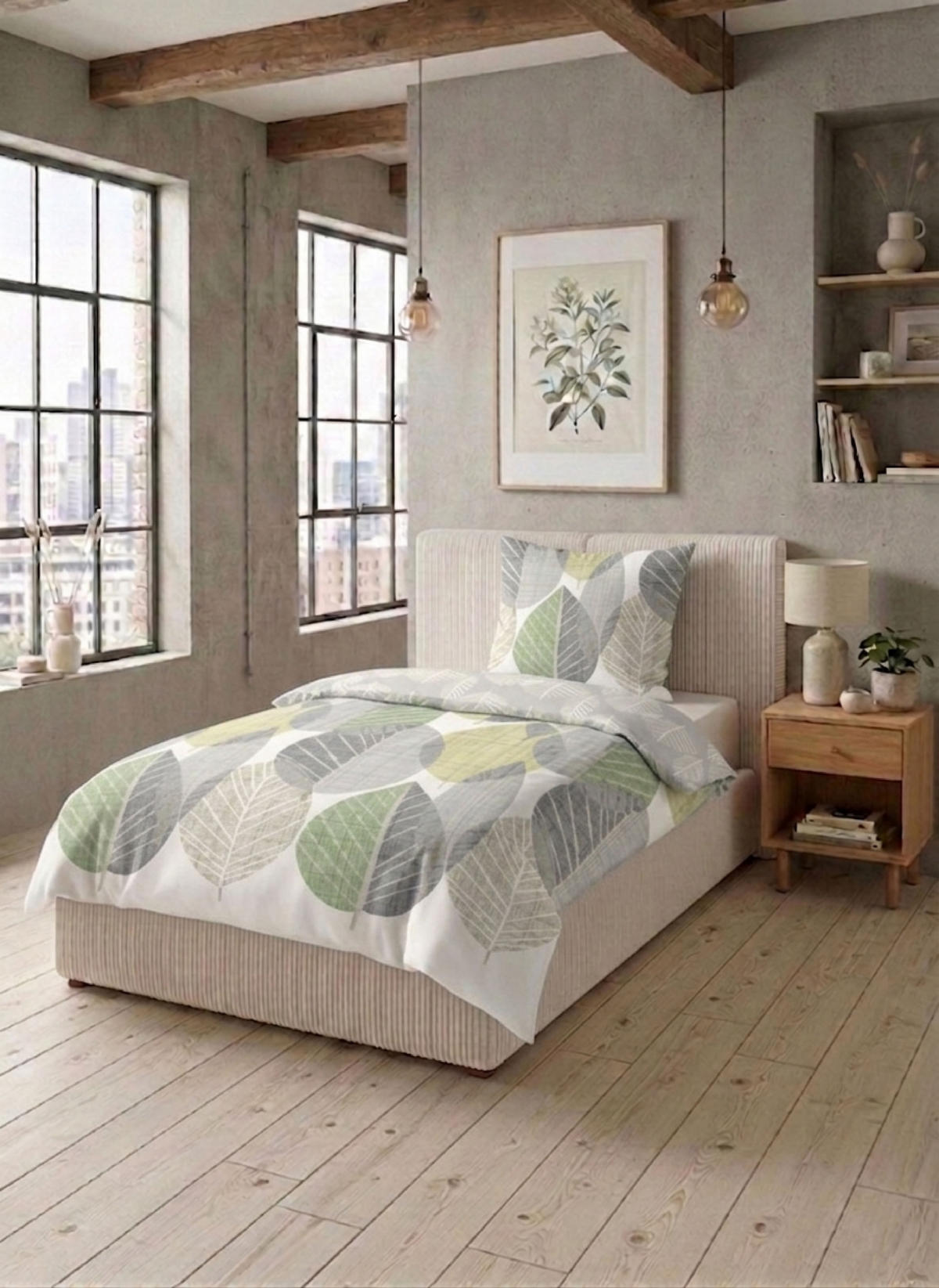 BETTWÄSCHE-GARNITUR Premium Biber Blätter Groß pistaziengrün, 135x200 cm + 80x80 cm - Hellgrün, Textil (135/200cm) - biberna