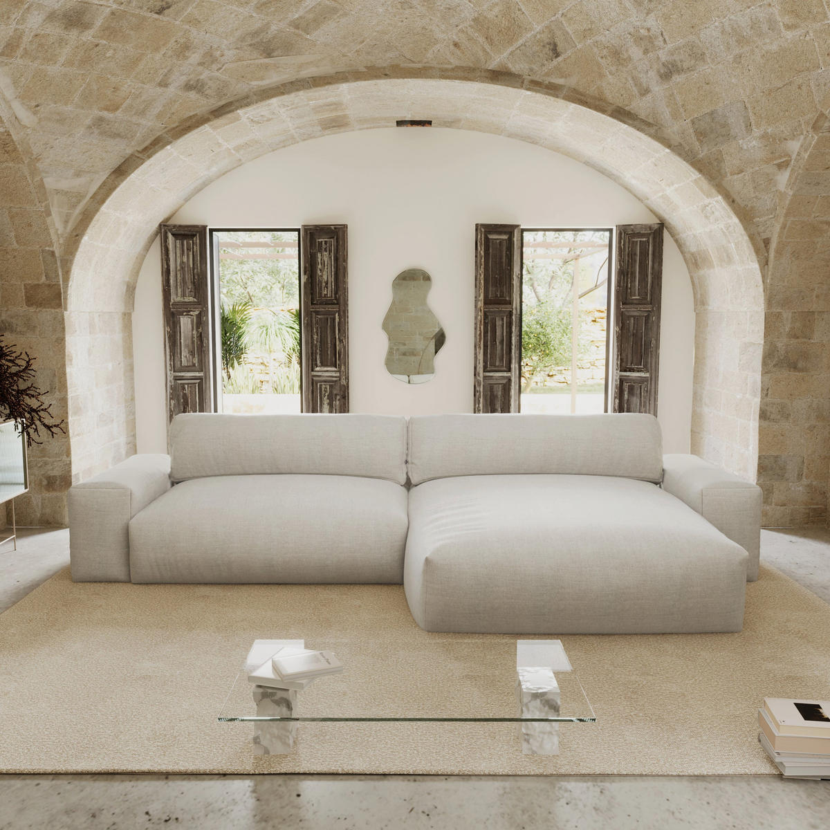 ECKSOFA RECHTS Rastergewebe mit weichem Griff Beige 310cm - Beige, Textil (310/174cm) - Sia Home