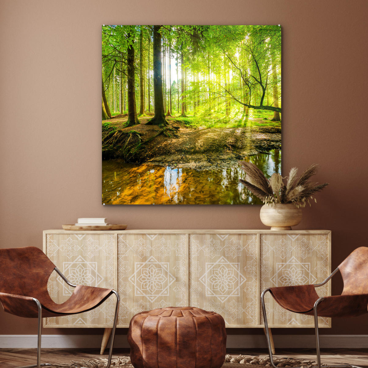 ACRYLGLASBILD Wald - Landschaft - Wasser - Bäume - Sonne - Grün - Natur 90x90 cm - Grün, Glas (90/90cm) - MuchoWow