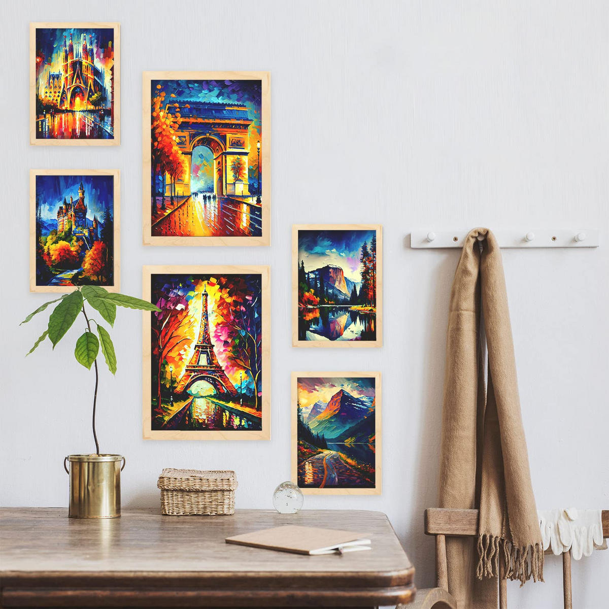 POSTER Set Mit 6 Herbst Im Ölgemälde Stil A3 & A4 Rahmen Aus Hellem Holz - Beige, Papier (29/3cm) - Nacnic