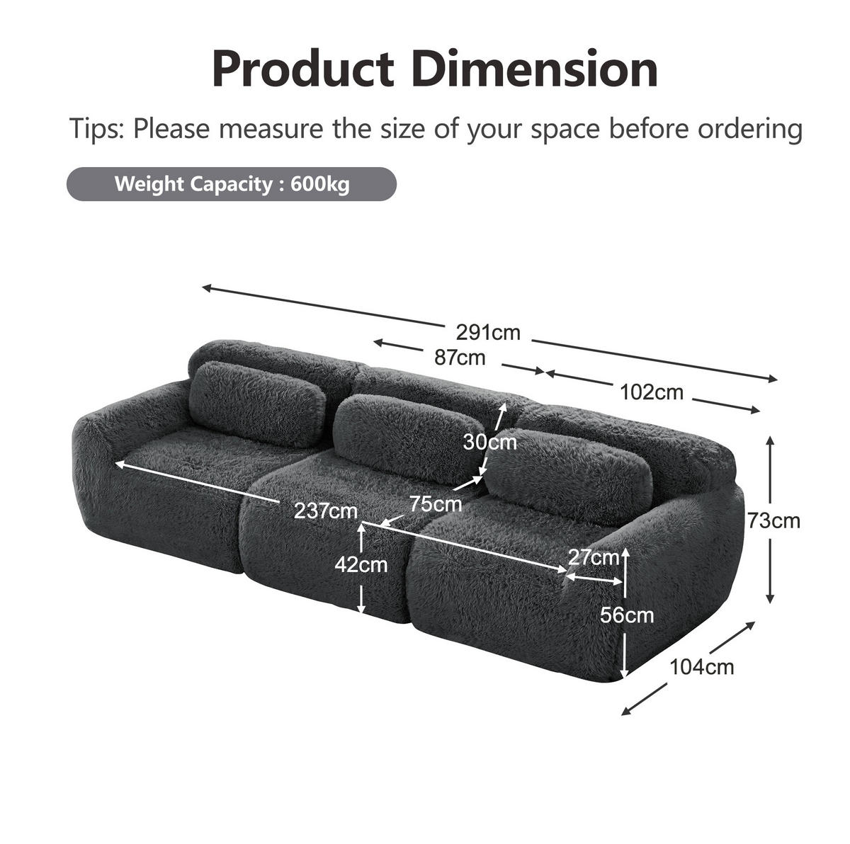 SOFA modular aus Plüsch Grey - Grau, Kunststoff (104/73/291cm) - Meubliv
