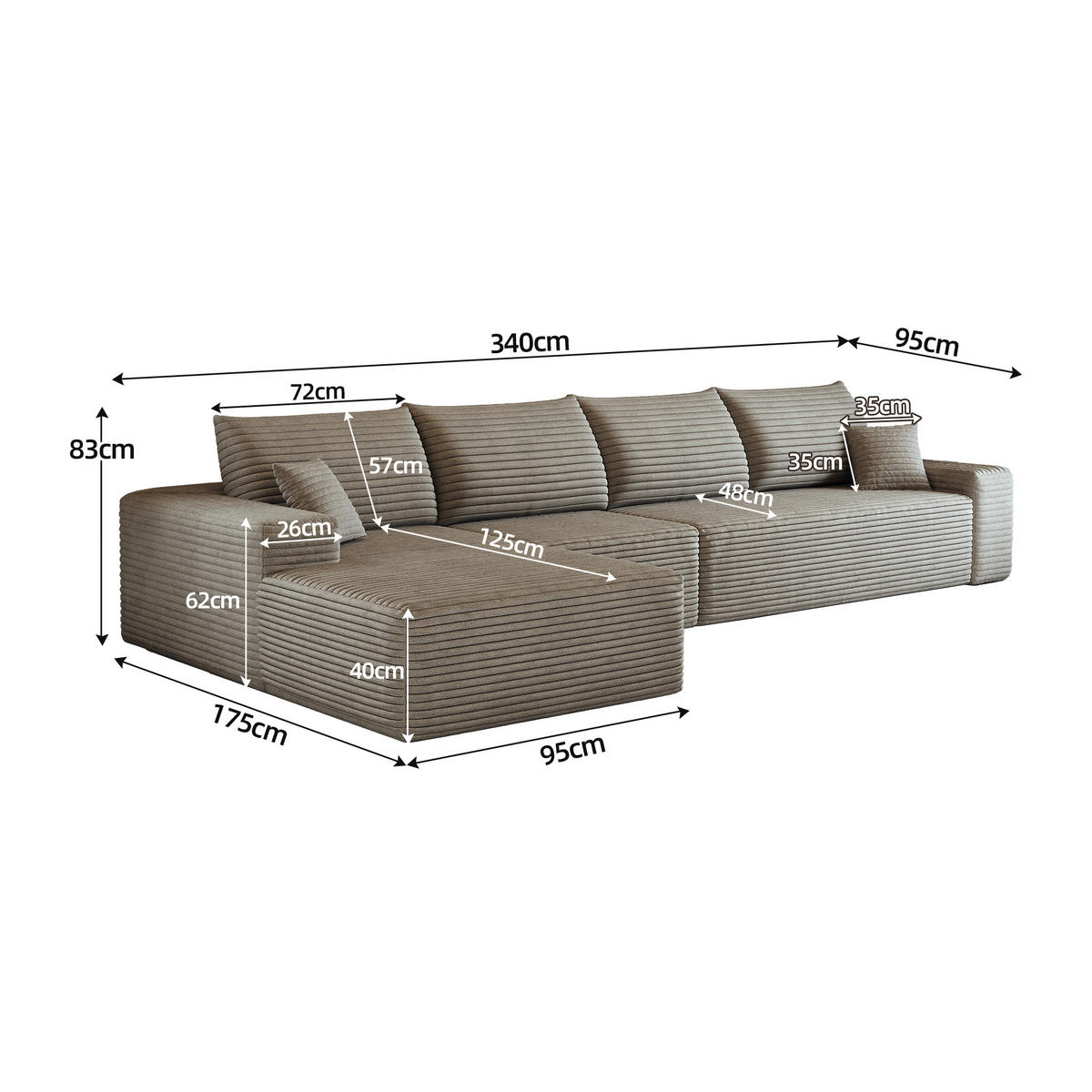 ECKSOFA 340/175/83 cm Kamel mit L-förmiger Chaiselongue, Linke Seite - Braun/Cappuccino, Textil (340/175cm) - Oxeza