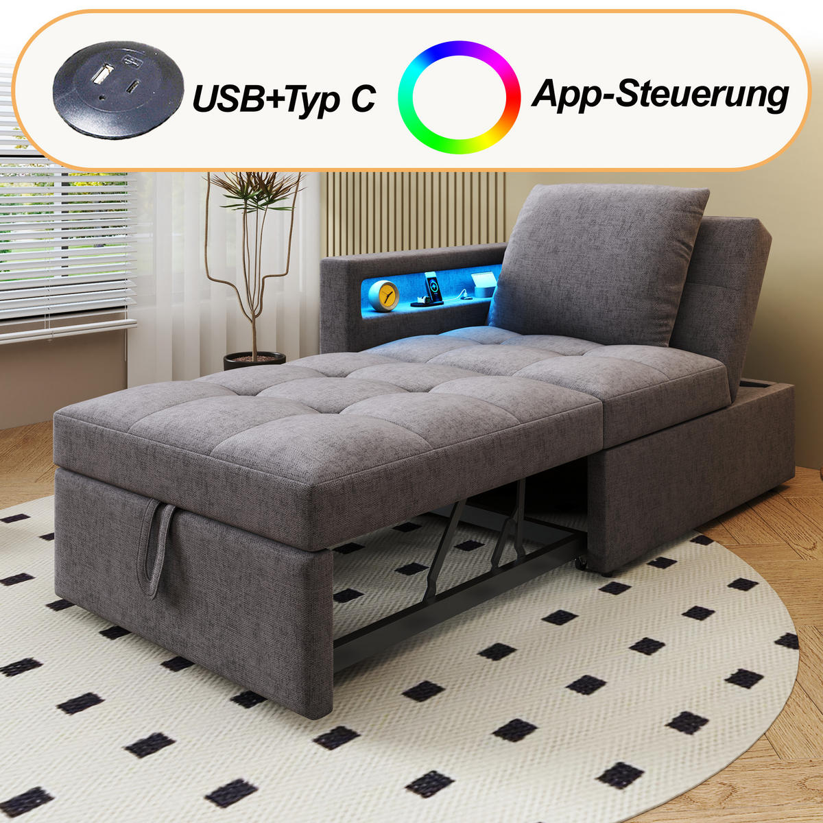 SCHLAFSOFA 3-in-1 Leinenstoff mit 5-fach verstellbarer Rückenlehne und USB-Anschluss Dunkelgrau 177/68/65 cm - Dunkelgrau, Textil (68/65/177cm) - Redom