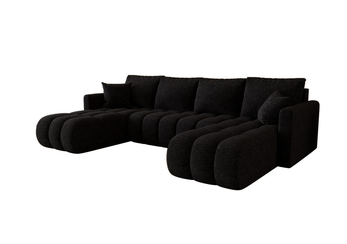 WOHNLANDSCHAFT GARDA U-Form schwarz Strickstoff Aragon 99 - Schlaffunktion, Bettkasten - Schwarz, Textil (305/88/150cm) - Cornero
