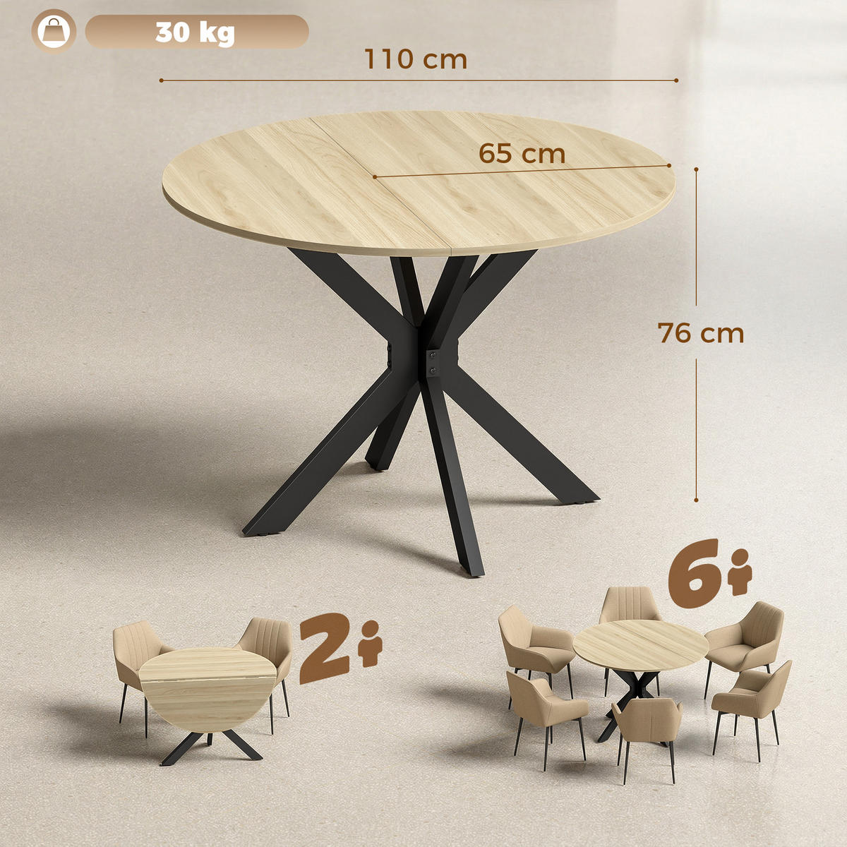ESSTISCH Naturholz 1 Stück - Beige, Naturmaterialien (110/110/76cm) - GiPP