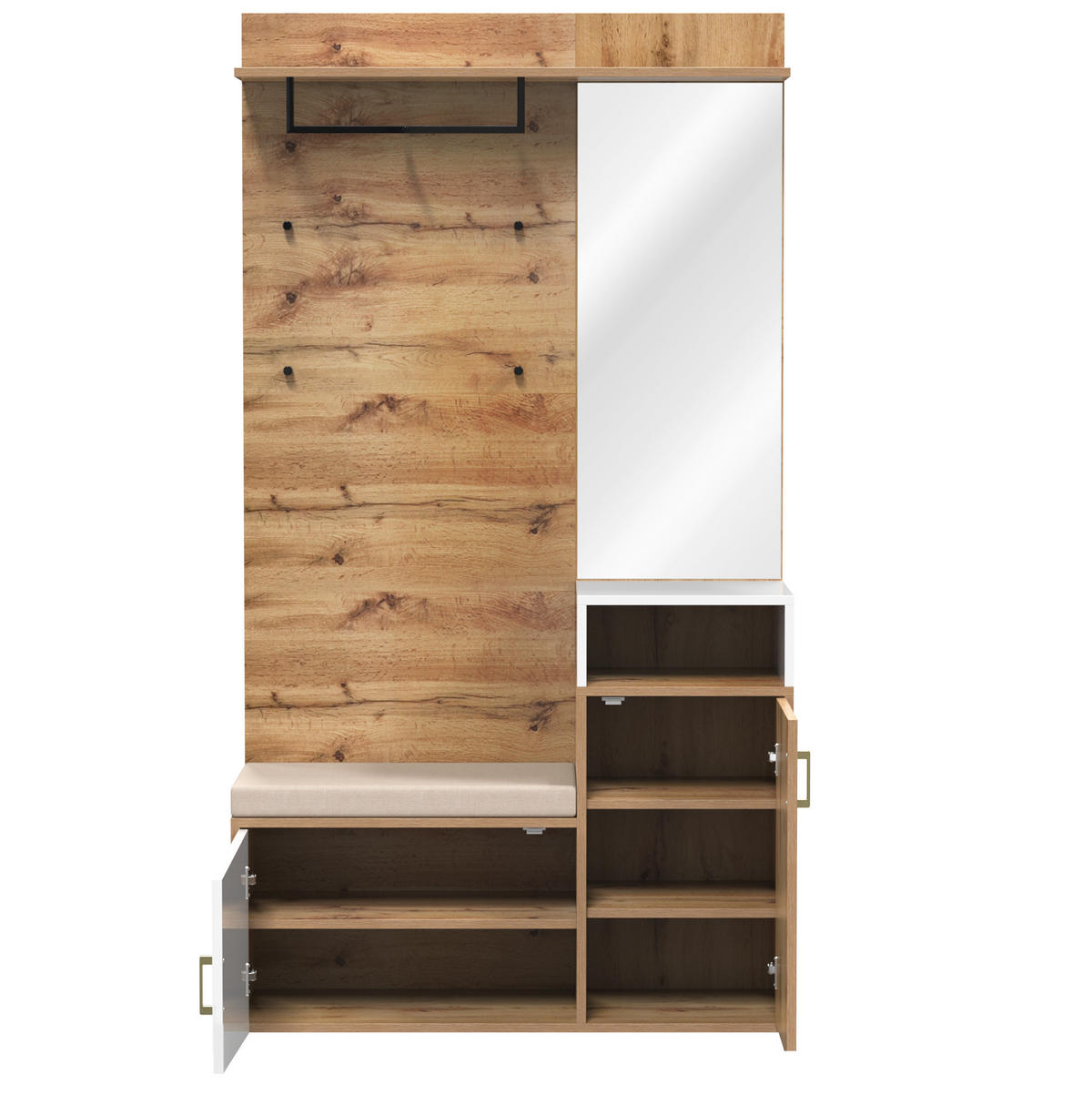 GARDEROBENSET 105/40/190,5 cm aus MDF und Spanplatte mit Spiegel und Sitzbank Weiß/Holzfarben - Weiß, Holzwerkstoff (105/190.5/40cm) - Modenvie