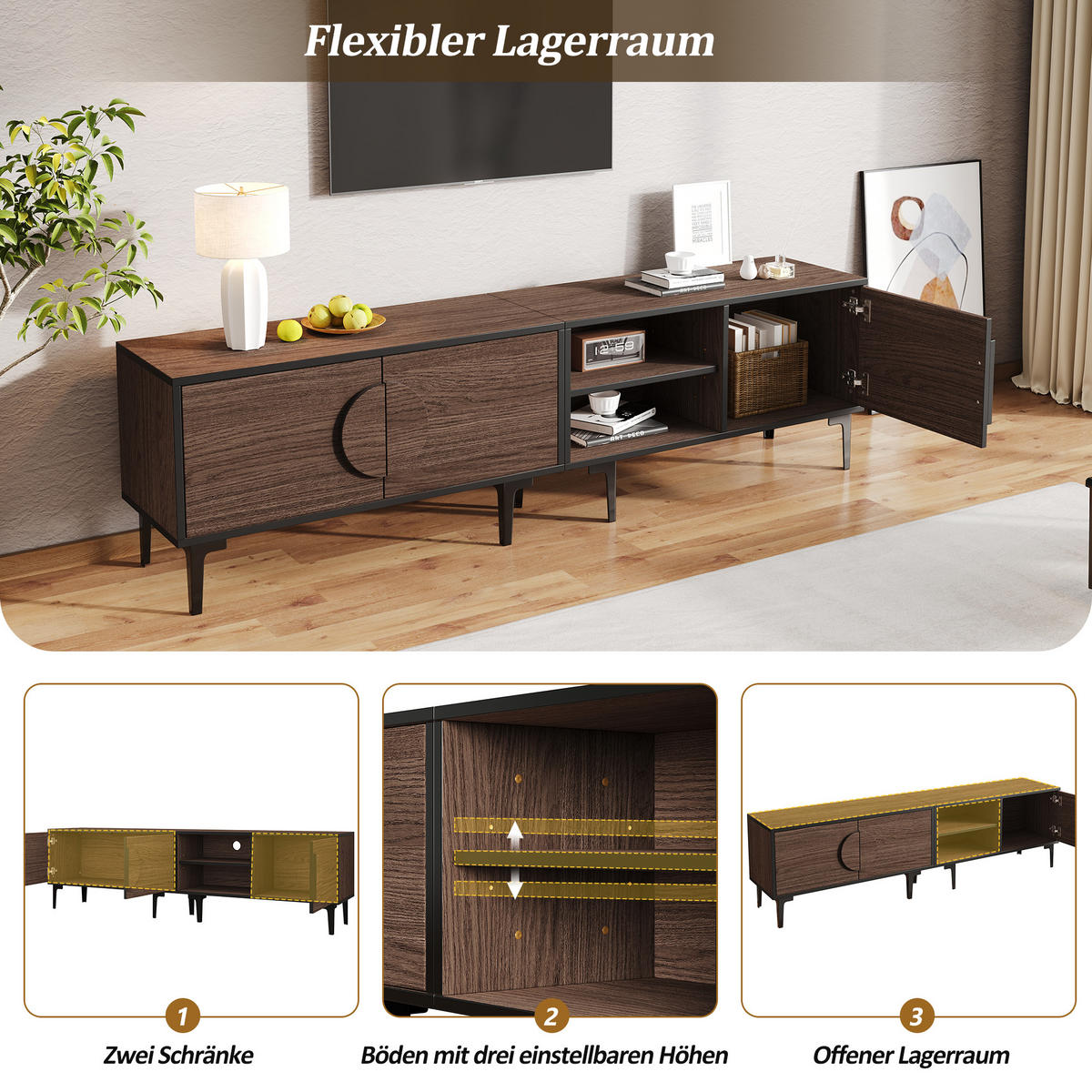 LOWBOARD Modellname Dunkelwalnussfarben 180/35/49 cm - Wildeiche, Holz (180/49/35cm) - PANGIVO