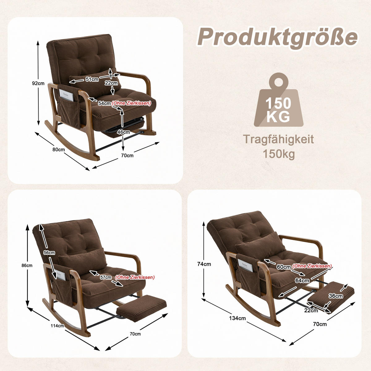 SCHAUKELSTUHL Relaxsessel mit Fußstütze,verstellbarer Rückenlehne,Cord,Braun - Braun, Textil (70/92/80cm) - LVHOM