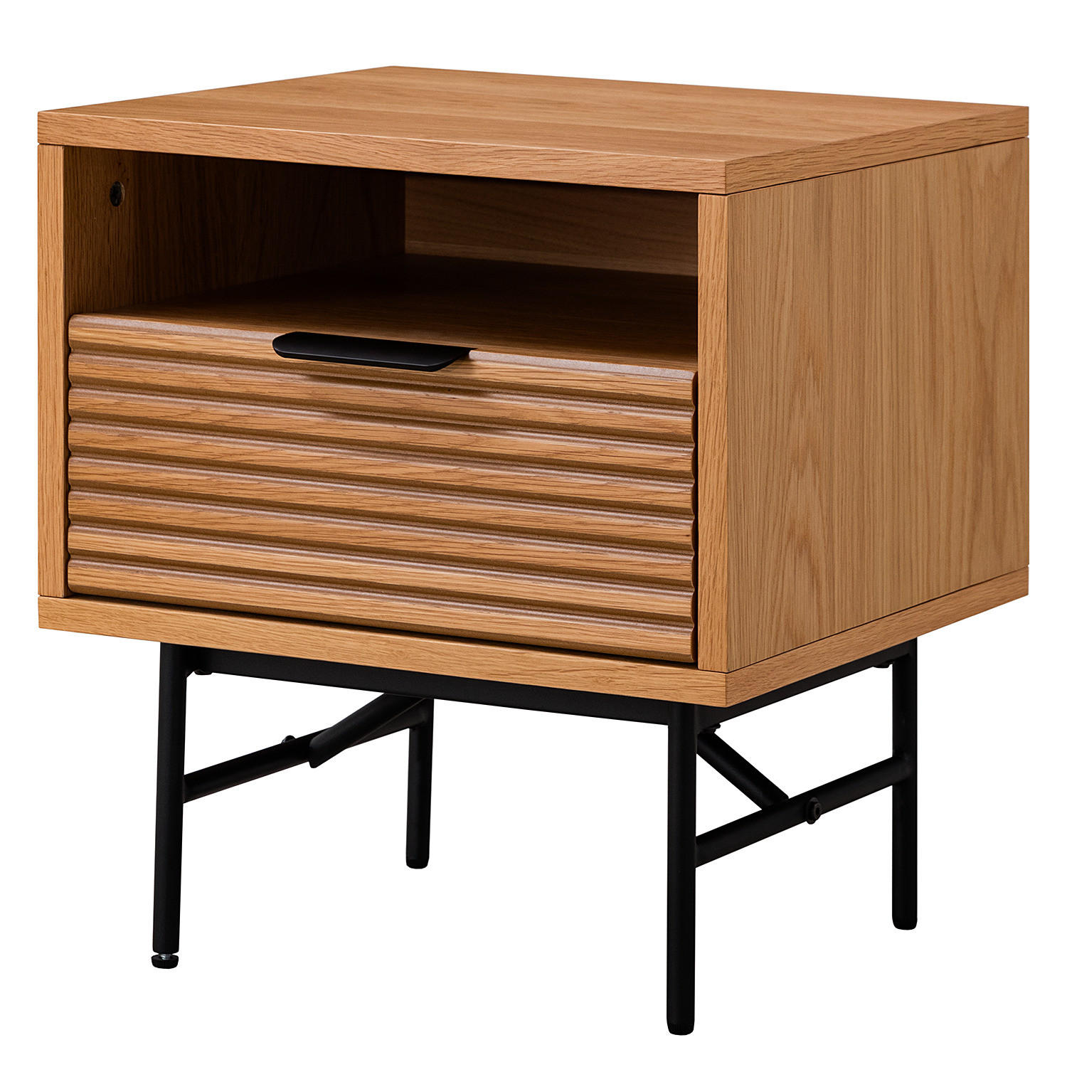 NACHTKOMMODE - Echtholzfurnier / Metall - Eichefarben/Schwarz, Holzwerkstoff/Metall (45/50/40cm) - home24