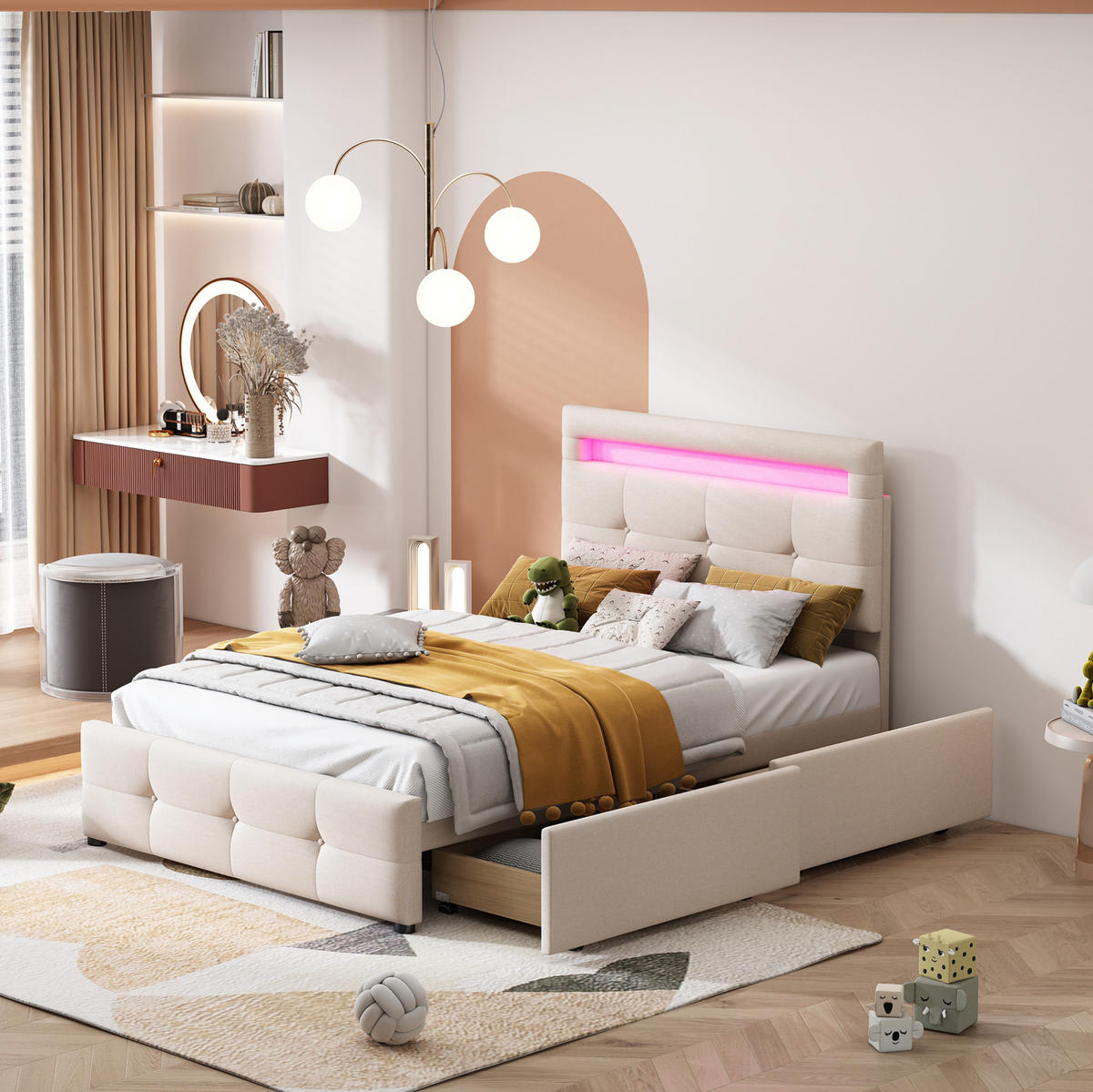 POLSTERBETT 90/200 cm Beige mit LED-Beleuchtung und 2 Schubladen - Beige, Holzwerkstoff (90/200cm) - Flora Grace