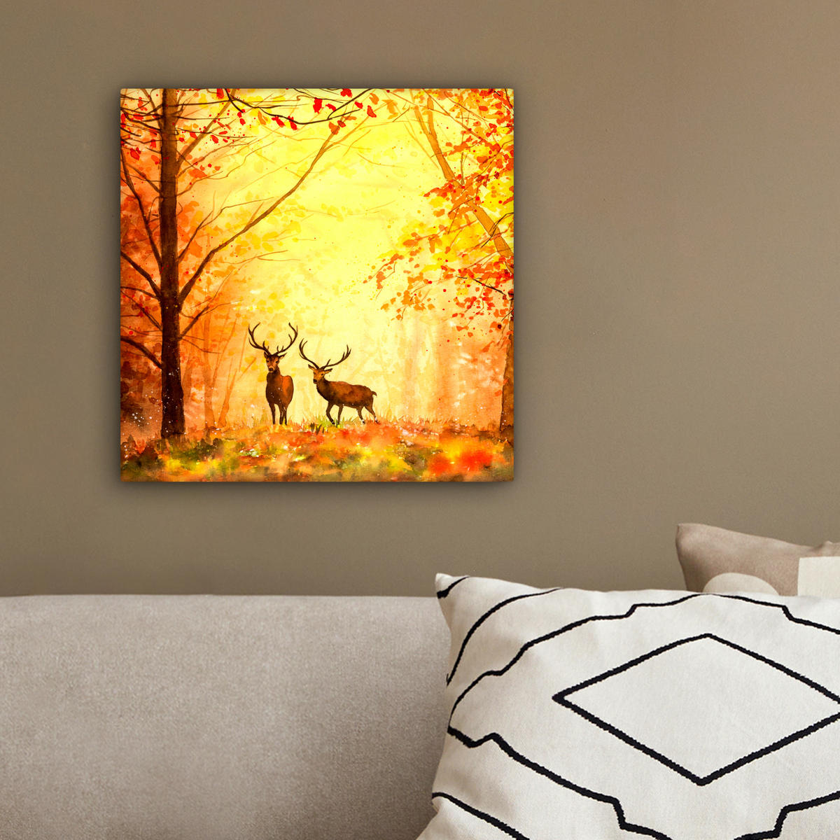 LEINWANDBILD Natur - Ölfarbe - Hirsche - Tiere - Herbst - Orange 20x20 cm - Orange, Textil (20/20cm) - MuchoWow