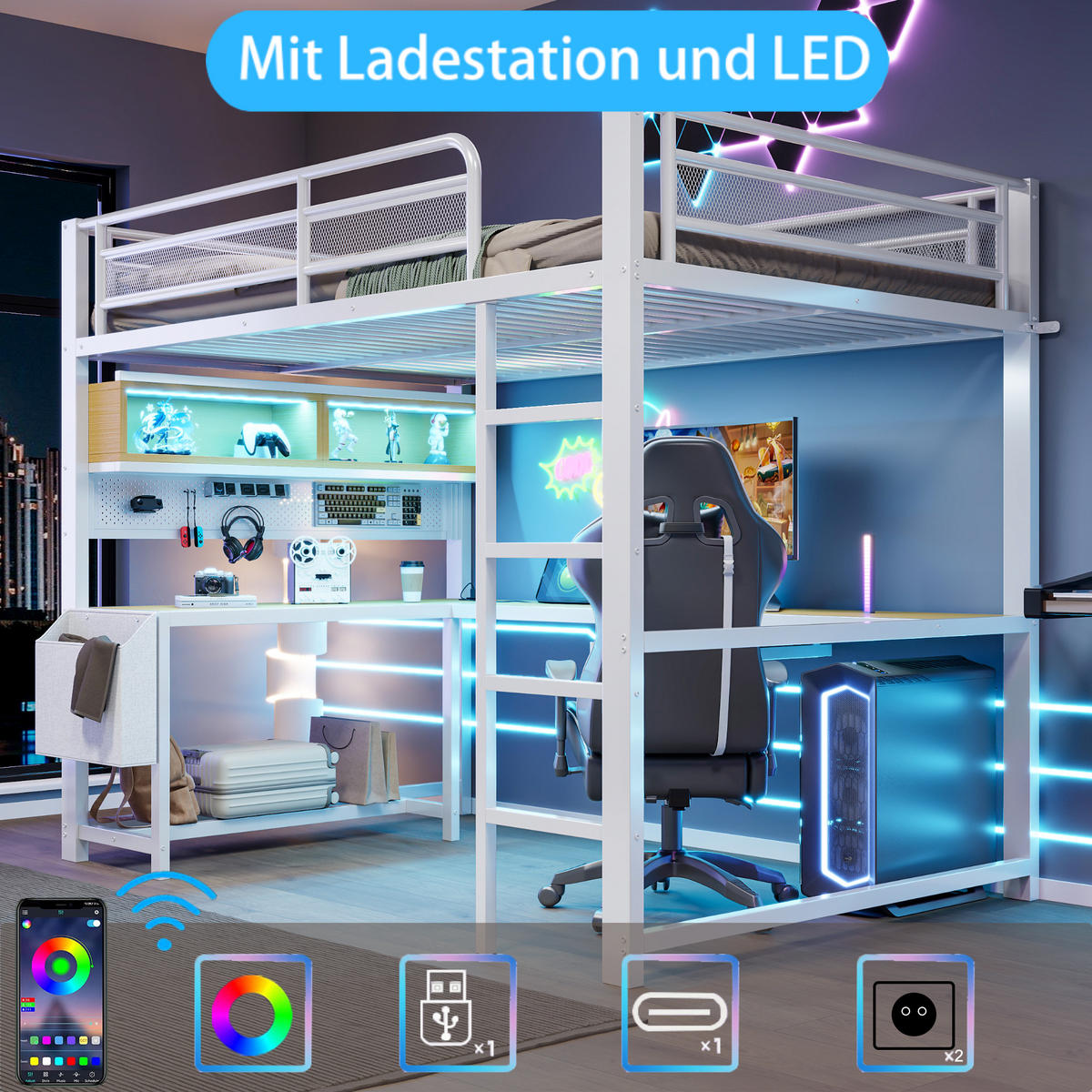 HOCHBETT 140/200 cm in Weiß mit Schreibtisch, LED und USB - Weiß, Holzwerkstoff/Metall (140/200cm) - WISHDOR