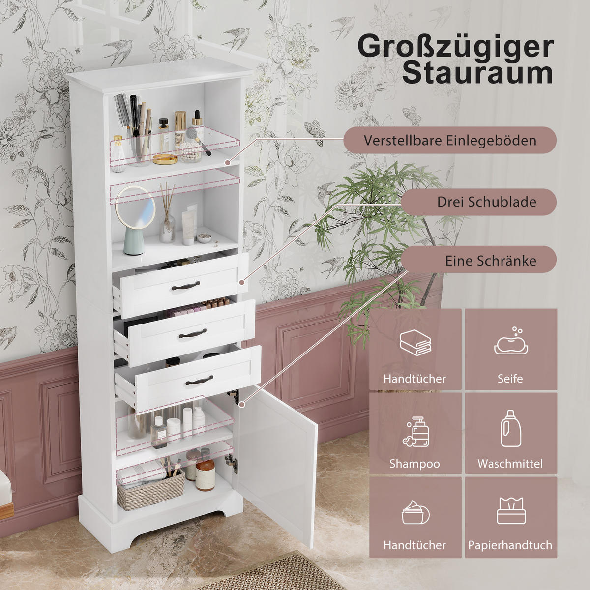 HOCHSCHRANK 56/25.6/167 cm Weiß mit 3 Schubladen, Staufach und offene Regale - Schwarz/Weiß, Holz/Holzwerkstoff (25.6/167/56cm) - Oxeza
