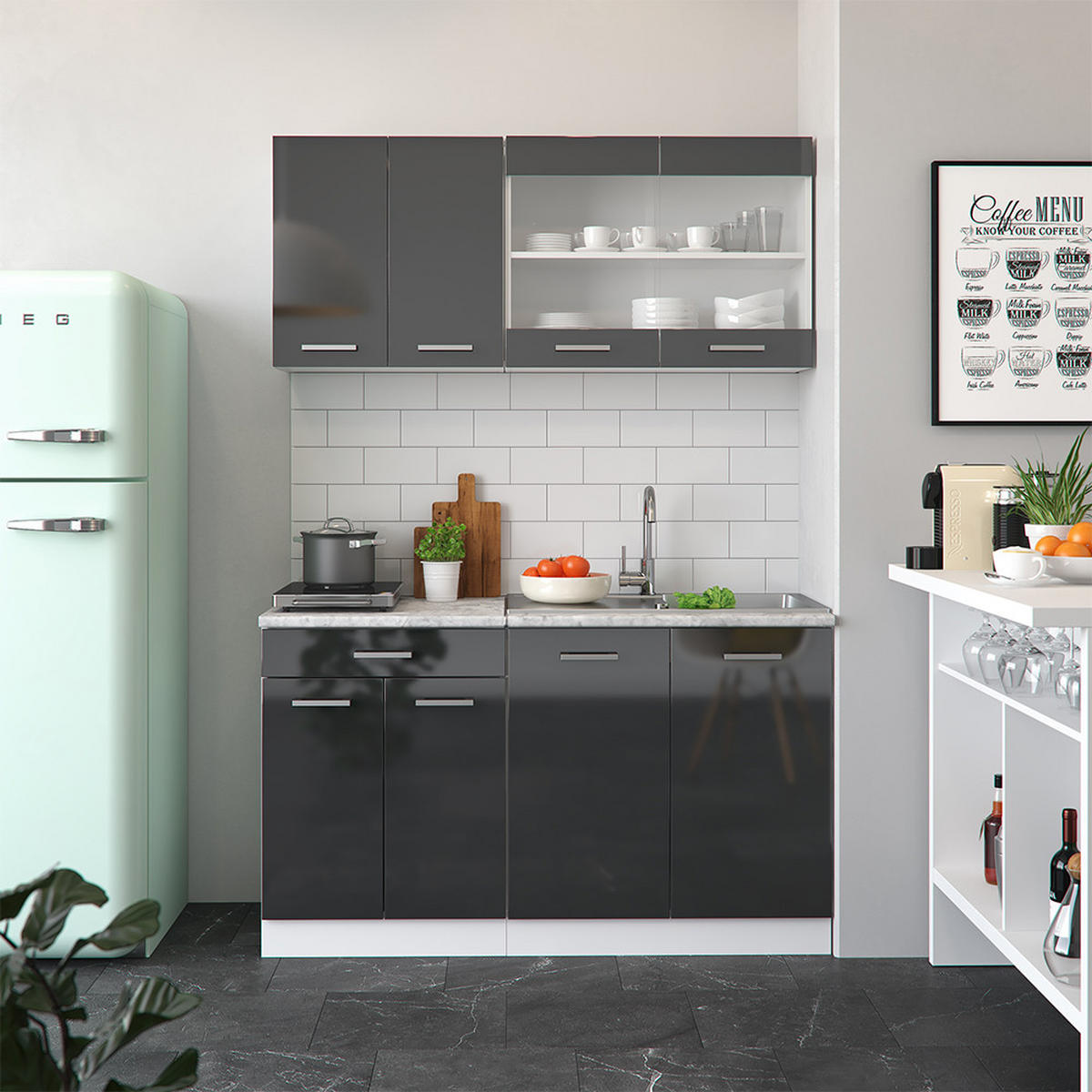 SINGLEKÜCHE R-Line Anthrazit Hochglanz/Weiß 140 cm, AP Anthrazit - Anthrazit/Weiß, Holzwerkstoff (140/81.6/60cm) - Vicco