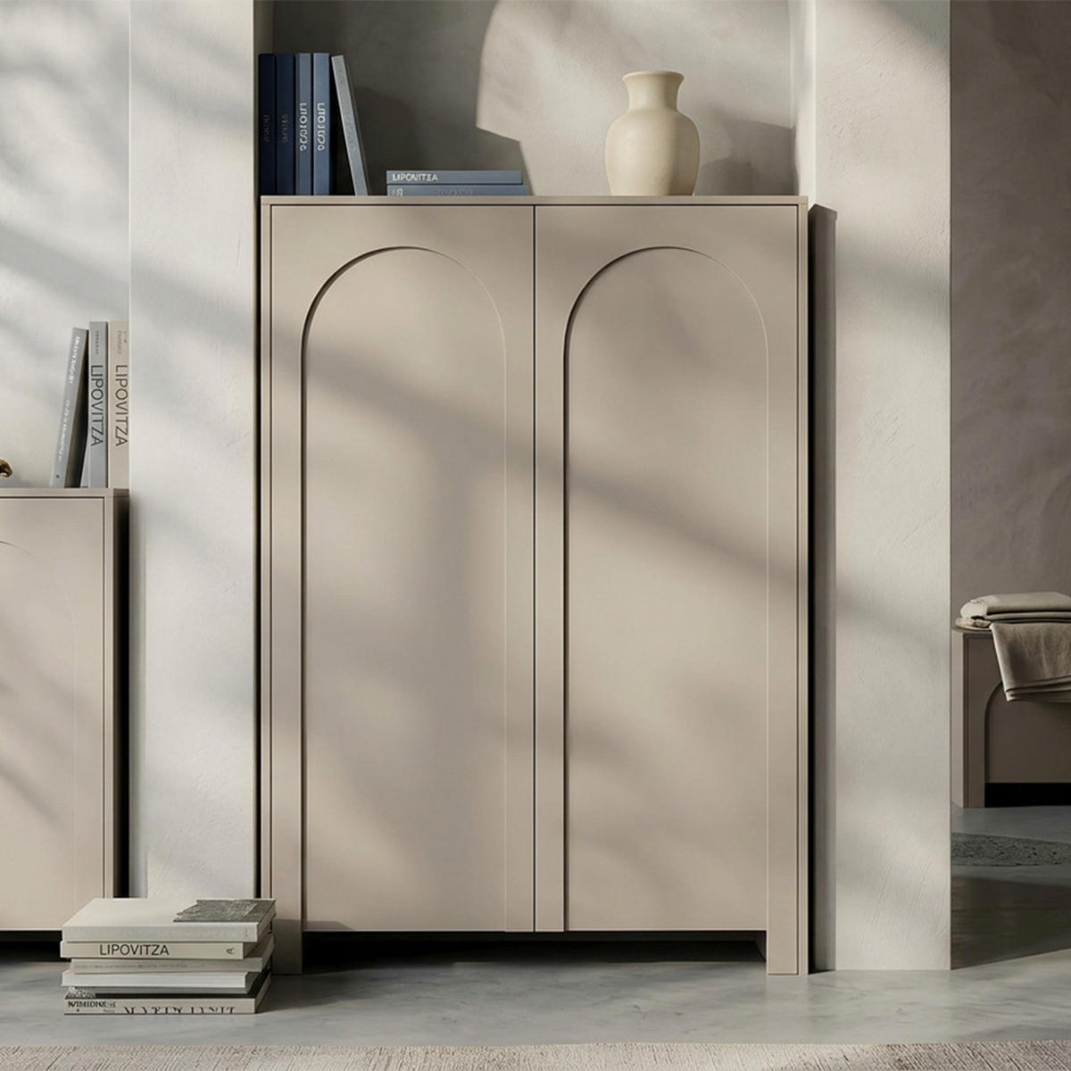 HIGHBOARD Amaro, Hochkommode mit 2 Türen, gefrästen Bogenfronten, Push-to-Open, Kaschmir - Kaschmir, Holzwerkstoff (103/119/35cm) - Beautysofa