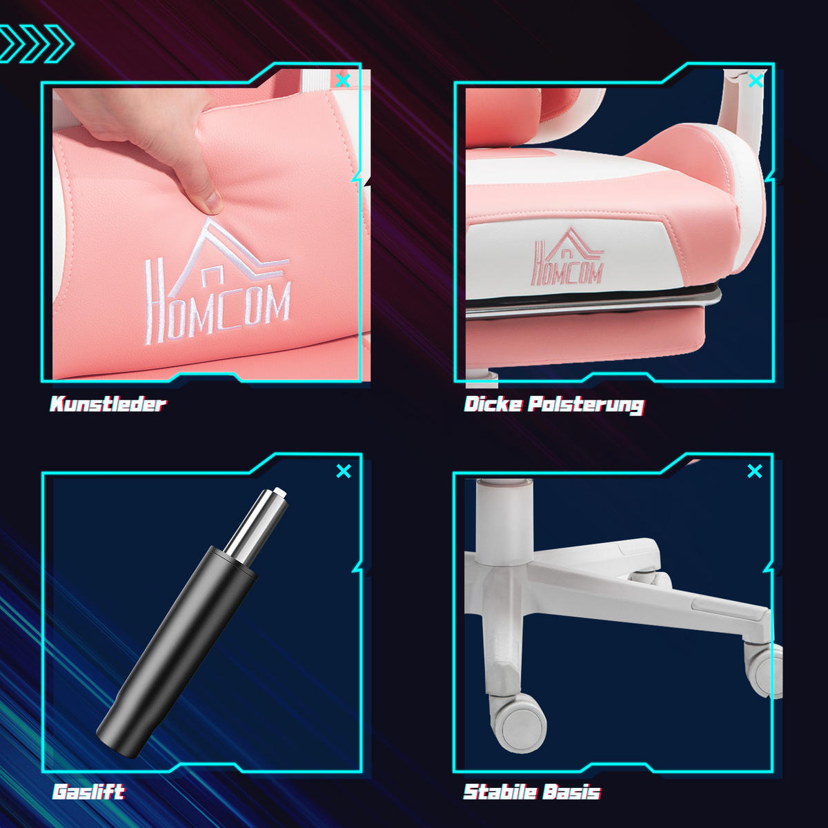 GAMING Stuhl Ergonomischer Gamer Stuhl mit Lendenwirbelstütze, Fußstütze Rosa - Rosa/Weiß, Leder/Kunststoff (62/124/65cm) - HOMCOM