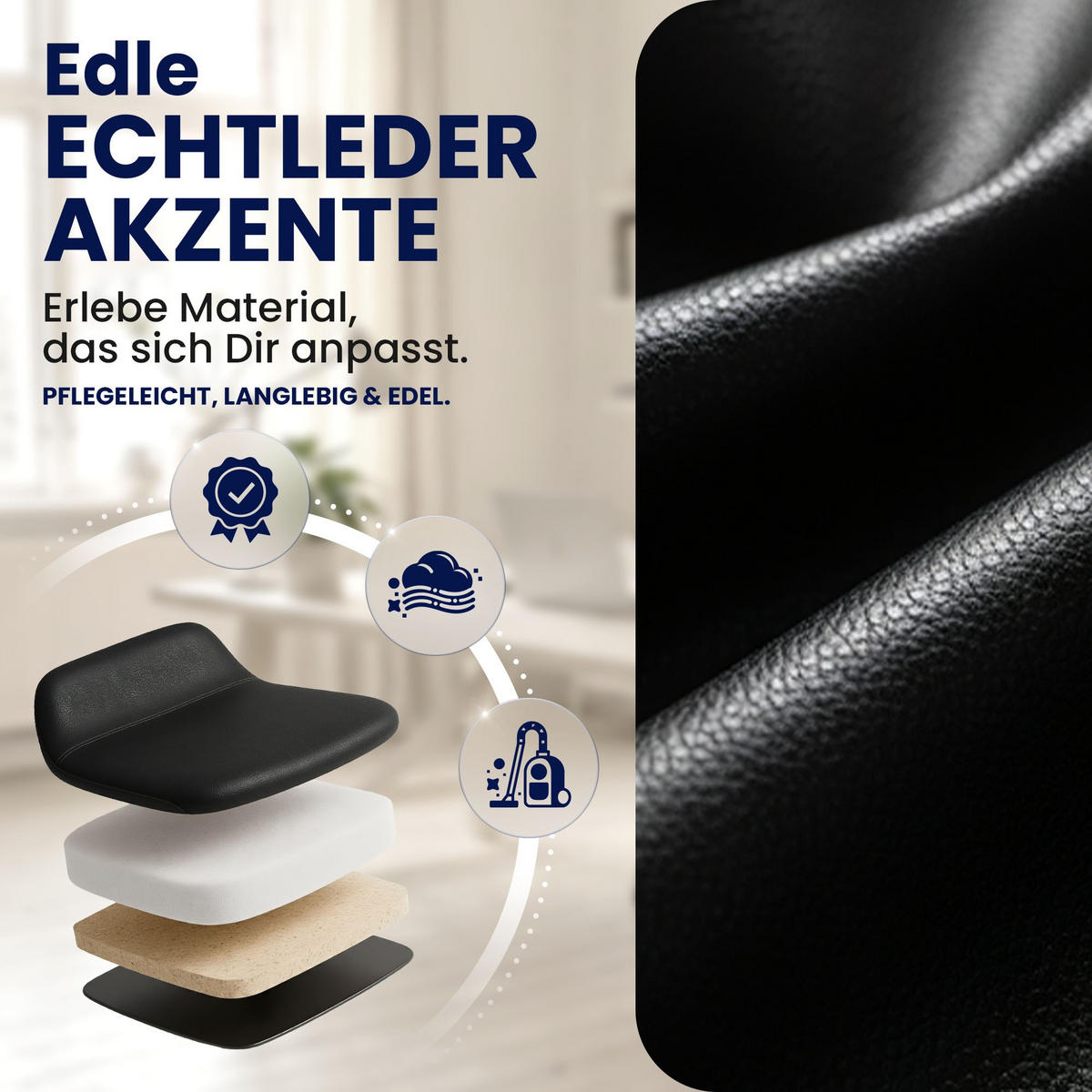 CHEFSESSEL Echtleder Schwarz - Chromfarben/Schwarz, Leder/Metall (69/118/64cm) - CLP
