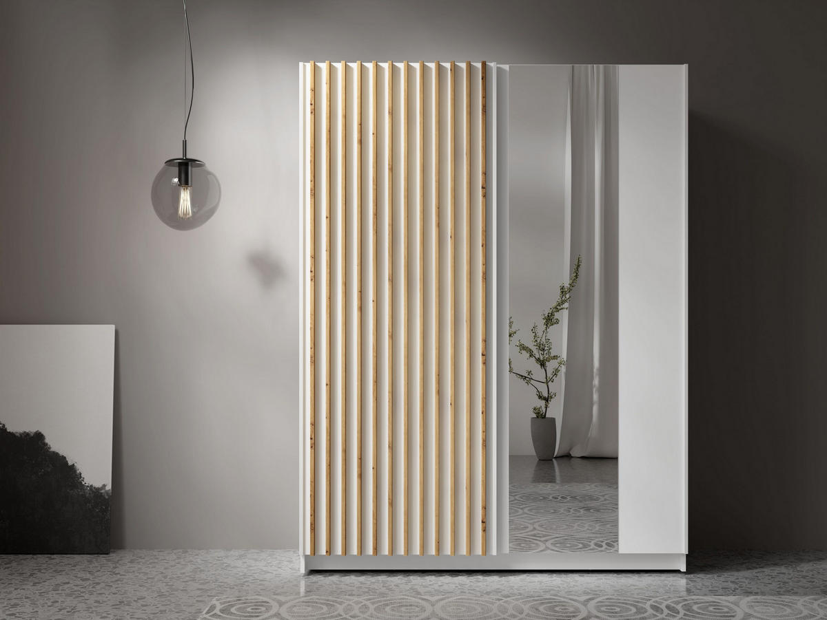 SCHWEBETÜRENSCHRANK MAREN 150,6/198,5/55cm 2-türig mit Spiegel Weiß - Eiche Artisan/Weiß, Holzwerkstoff (150.6/198.5/55cm) - MASSENO