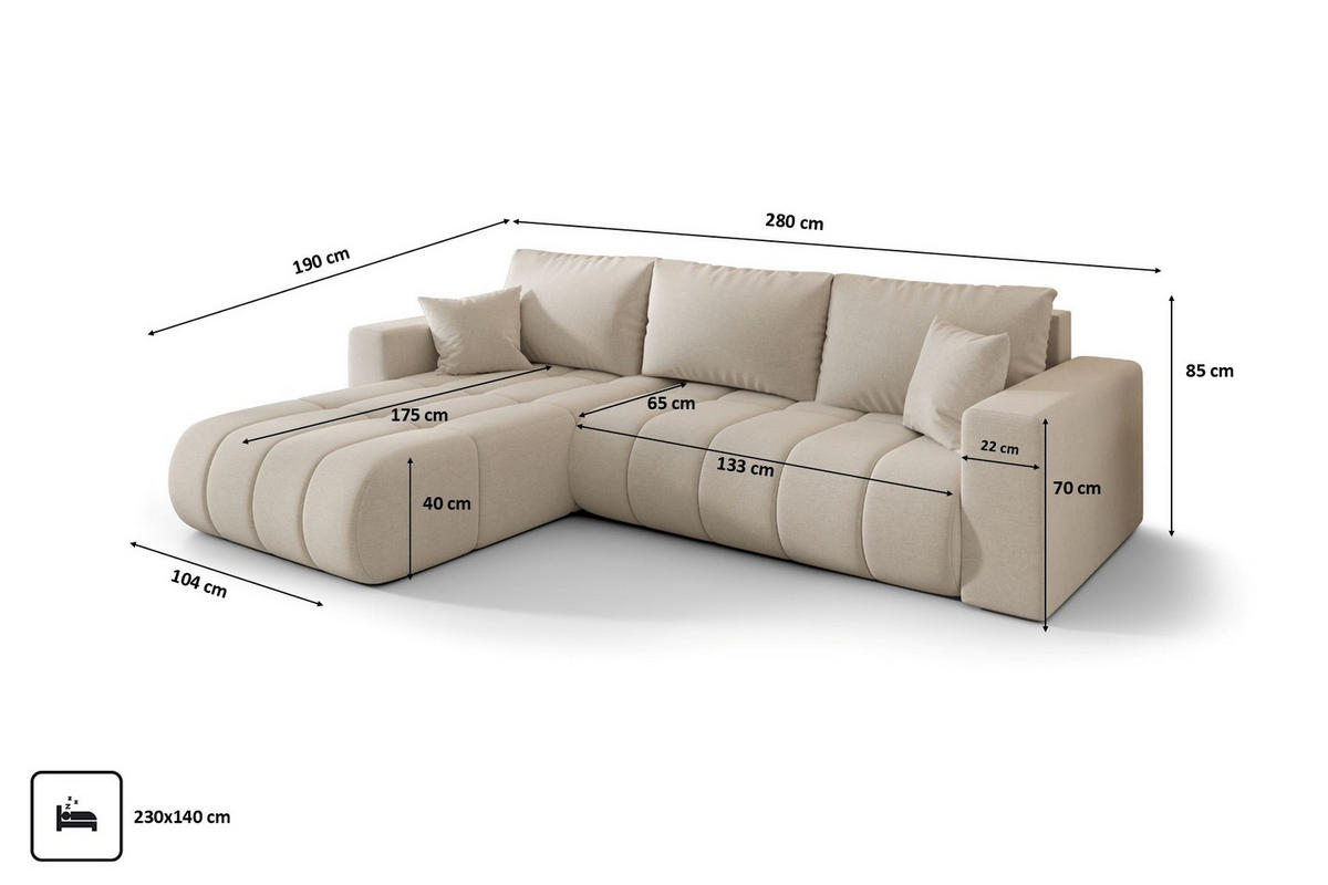 ECKSOFA mit schlaffunktion und bettkasten MILO PREMIUM, stoff WIND, Beige, Links - Beige, Holz (280/190cm) - Kaiser Möbel