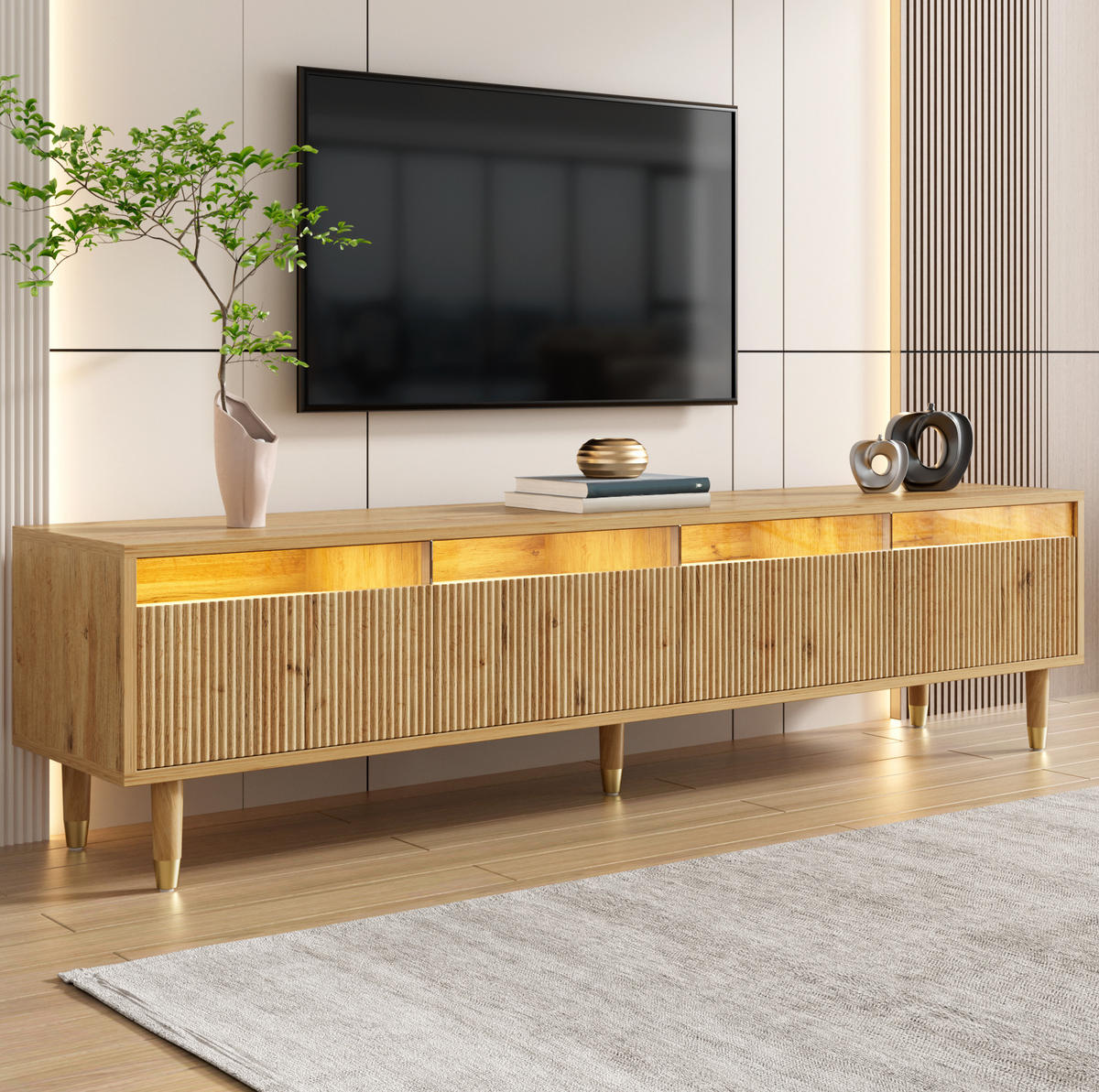 TV stolek 178/35/45 cm s 4 zásuvkami, kabelovými průchodkami a úložným prostorem, Dřevěná barva - přírodní, kompozitní dřevo (178/45/35cm) - Redom