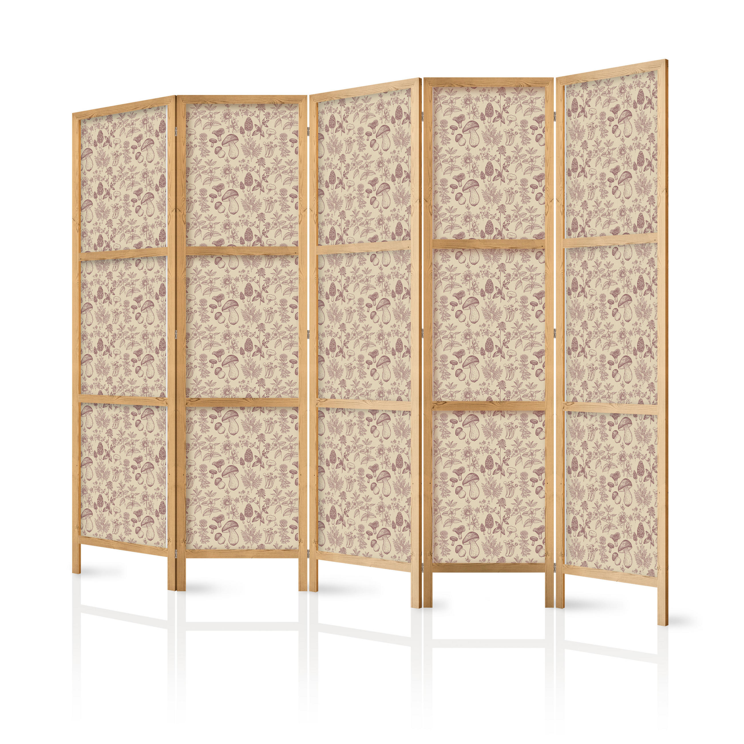 PARAVENT Japanischer 5-tlg 225x172 cm Pilze und Pflanzen - Beige, Holz/Textil (225/172/3cm) - Muralo
