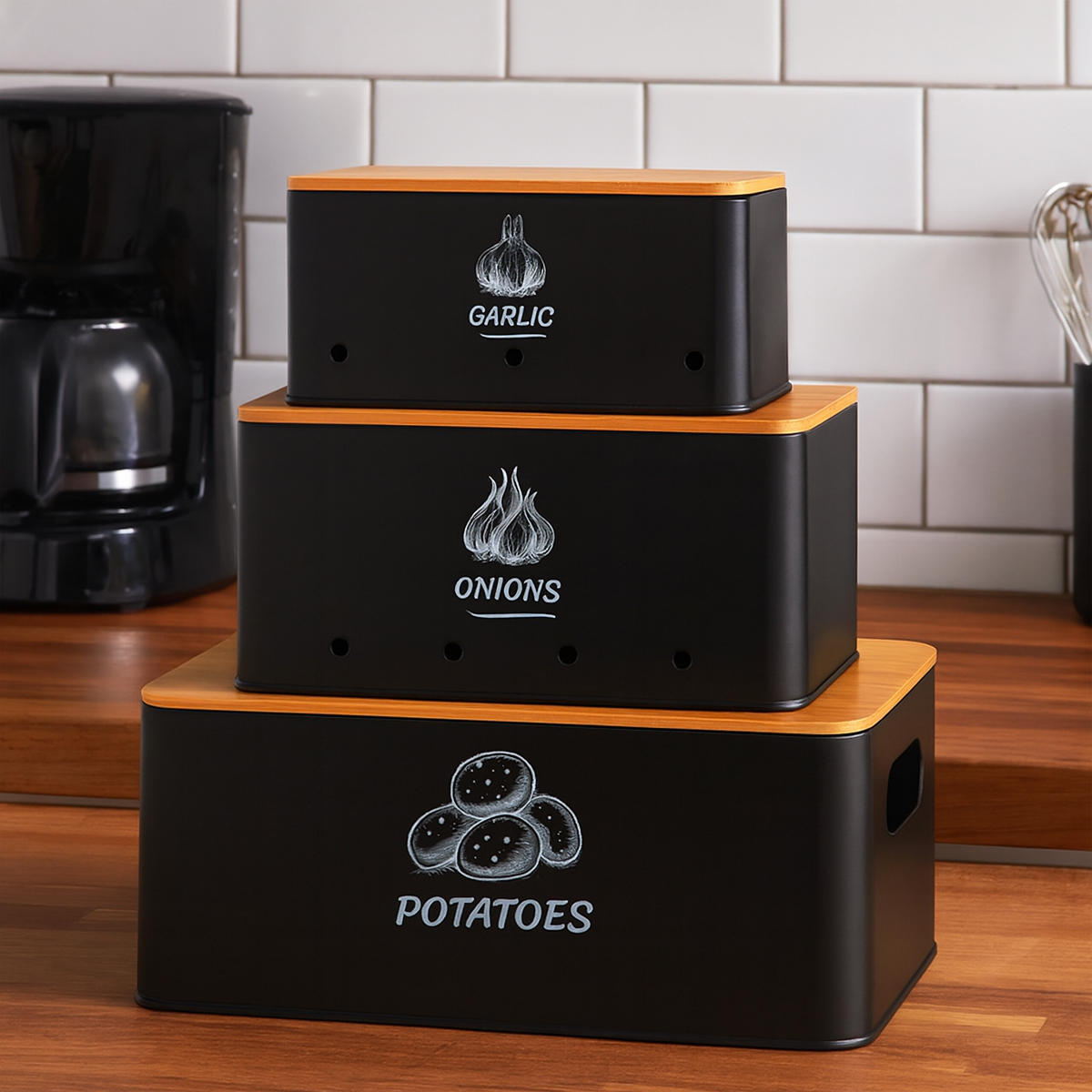 3XAUFBEWAHRUNGSBOX - Schwarz, Holz/Metall - Relaxdays