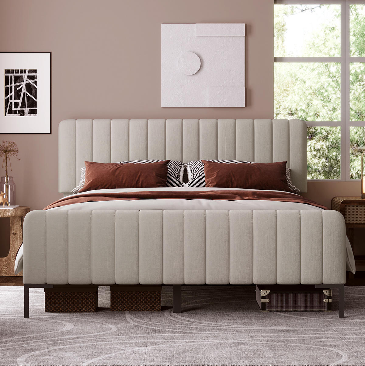 POLSTERBETT aus Leinen 140x200 cm Grau-Beige mit verstellbarem Kopfteil und Lattenrost - Beige, Textil (140/200cm) - IVMEU
