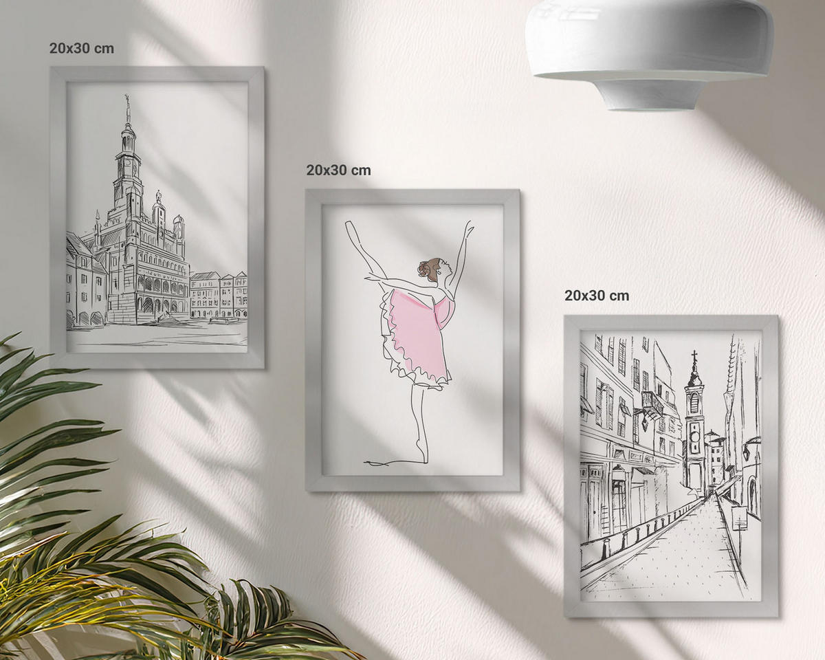 WANDBILDER 3er Set - 20x30 cm Silberner Rahmen - Stilvolle Ballerinen und Architektur - Silberfarben, Kunststoff (20/30cm) - ArtPrintCave