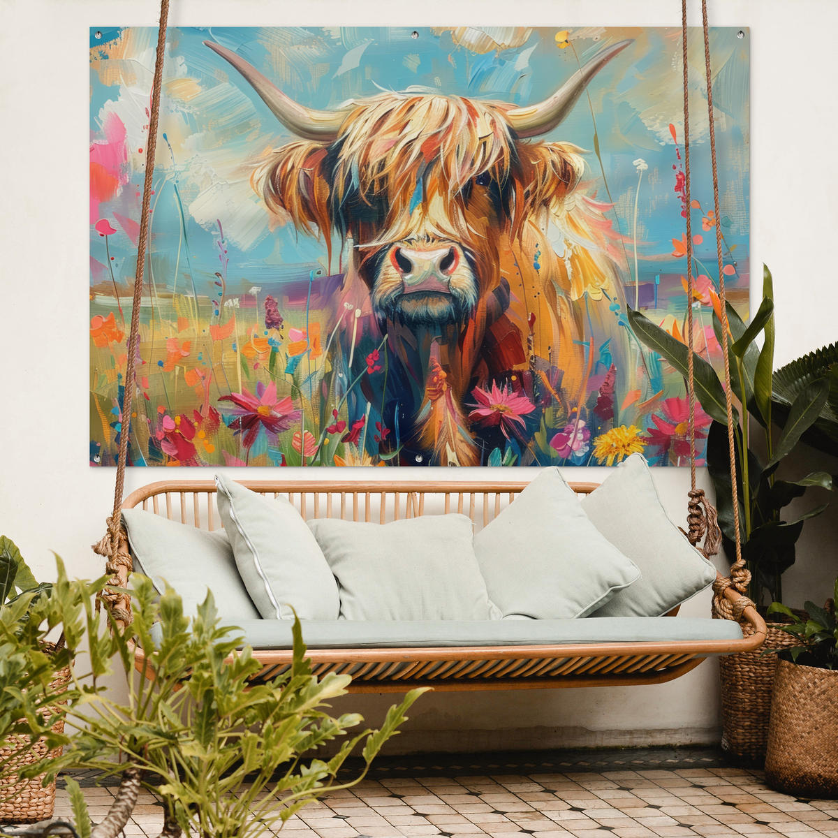 ZAHRADNÍ PLAKÁT Skotský horal - Příroda - Barevné - Květiny 180x120 cm - světle modrá, plast (180/120/0.2cm) - OnlyWow