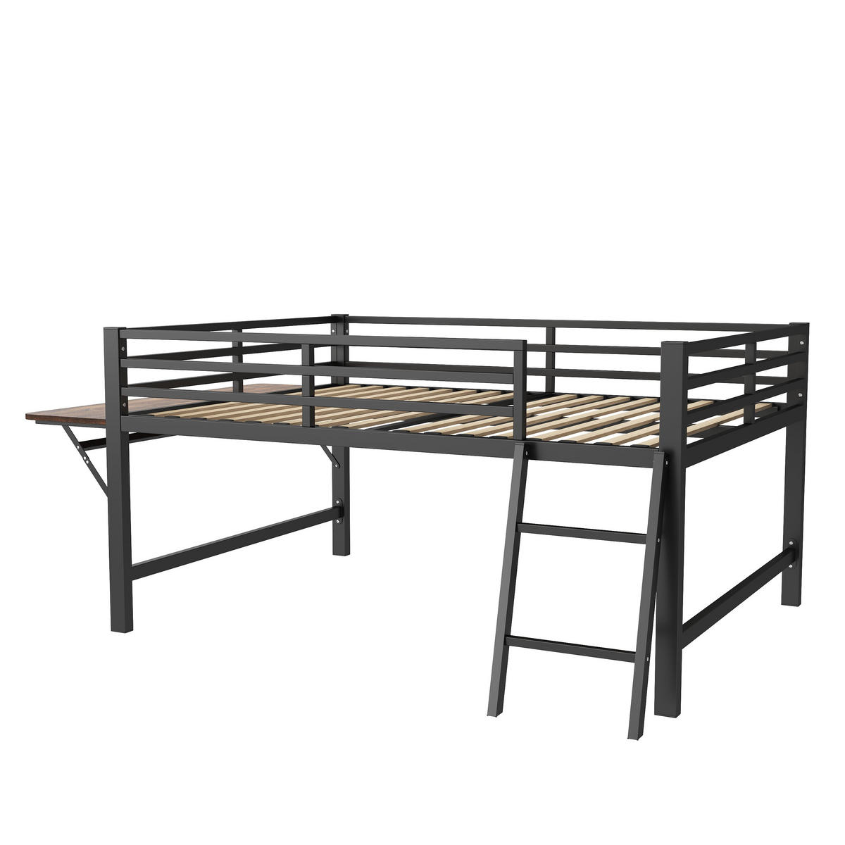 HOCHBETT 140/200 cm Schwarz mit Schreibtisch und LED-Beleuchtung - Schwarz, Metall (140/200cm) - OKWISH