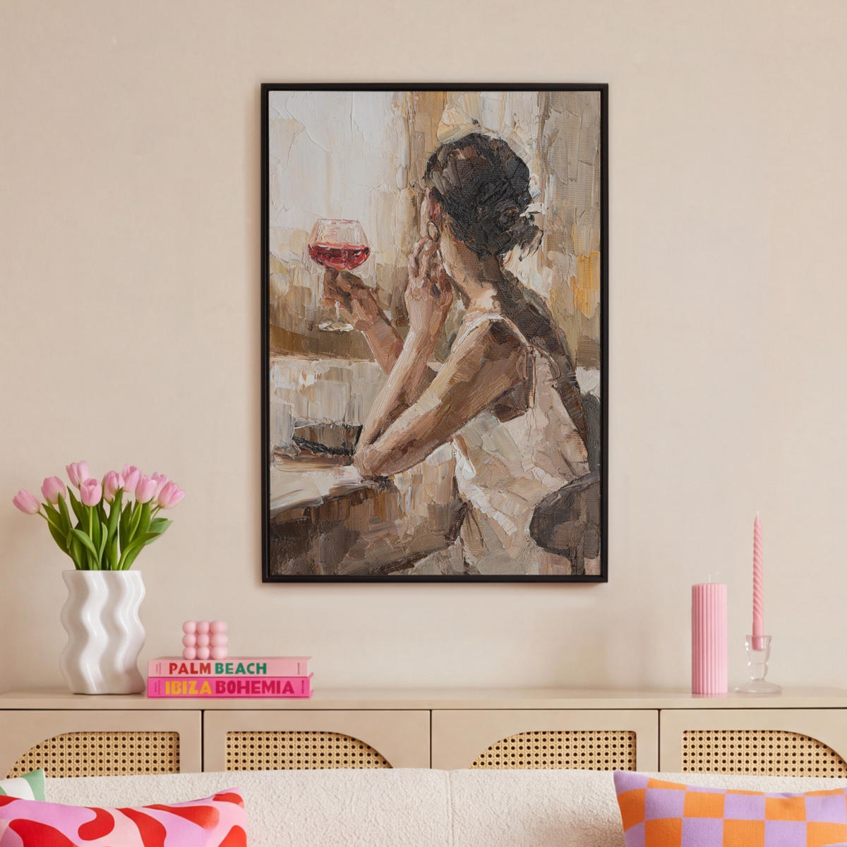 LEINWAND Bilder mit Rahmen - Ölgemälde - Frau - Wein - 60x90 - Hellbraun, Textil (60/90cm) - MuchoWow