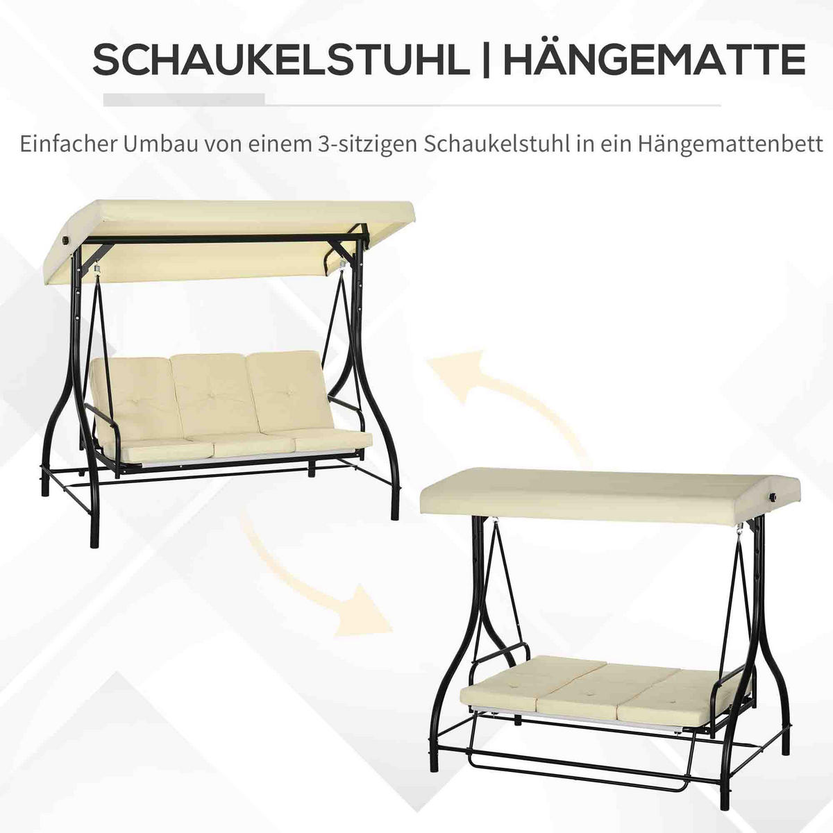 HOLLYWOODSCHAUKEL 3-Sitzer, 2 in 1 mi Liegefunktion - Beige, Metall (117/175/195cm) - Outsunny