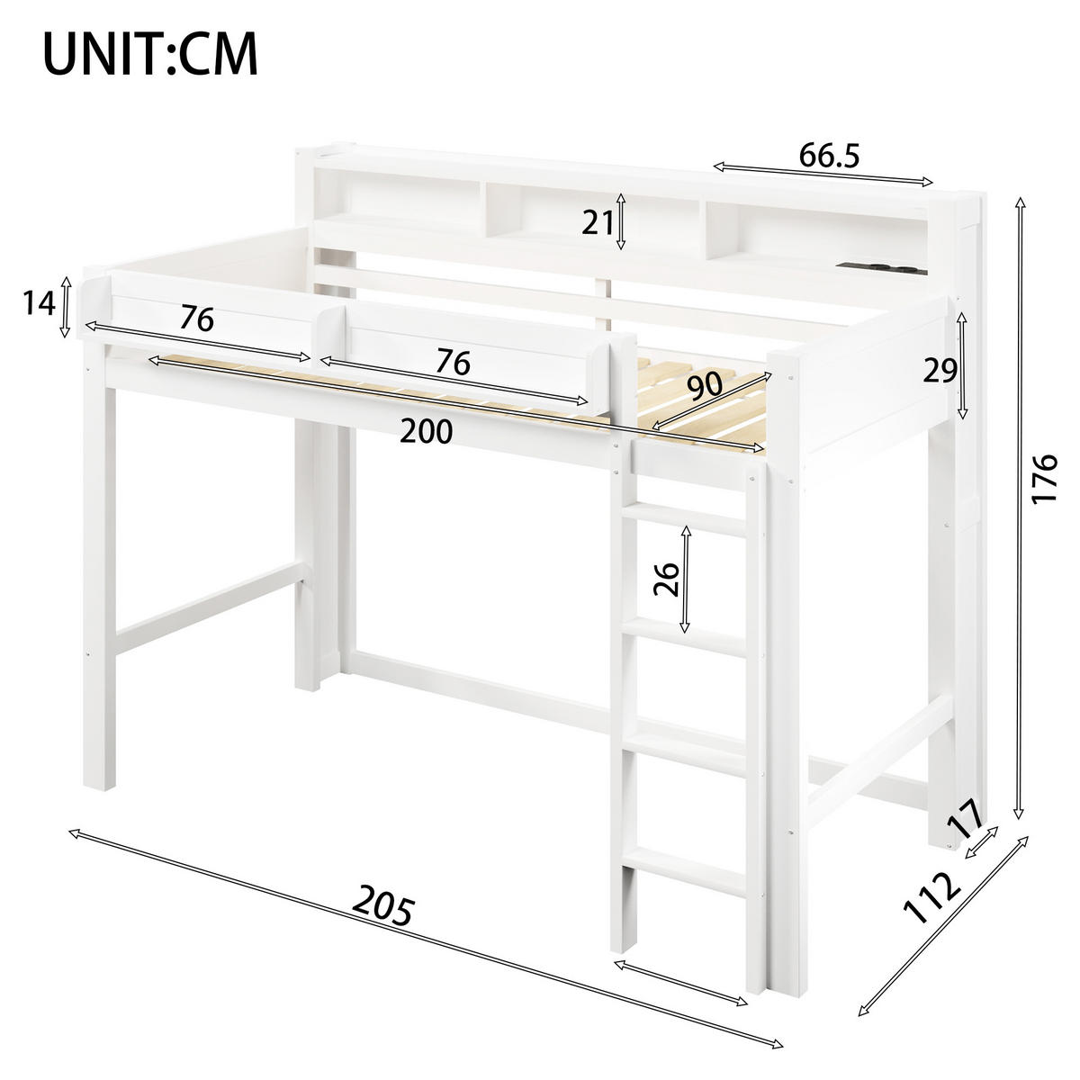 HOCHBETT 90/200 cm in Weiß mit 3 Schränken, LED und USB - Weiß, Holzwerkstoff (90/200cm) - STILVORA
