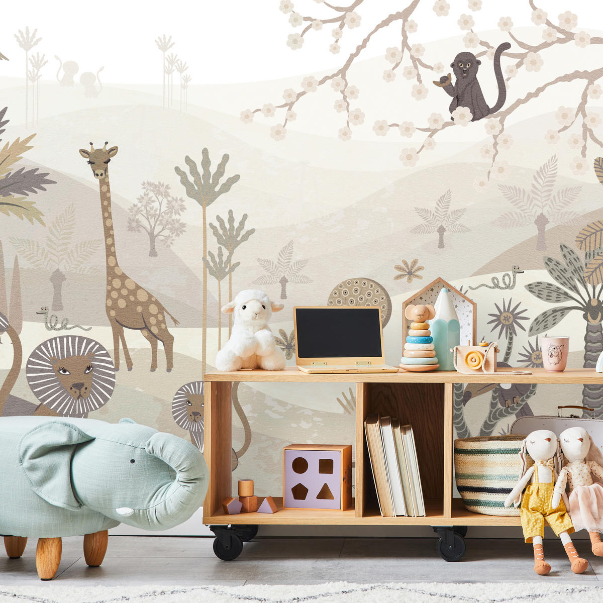FOTOTAPETE für Kinderzimmer Safari Wilde Tiere Dschungel Boho Palmen Giraffe 500x350 - Beige/Creme, Papier (500/350cm) - Muralo