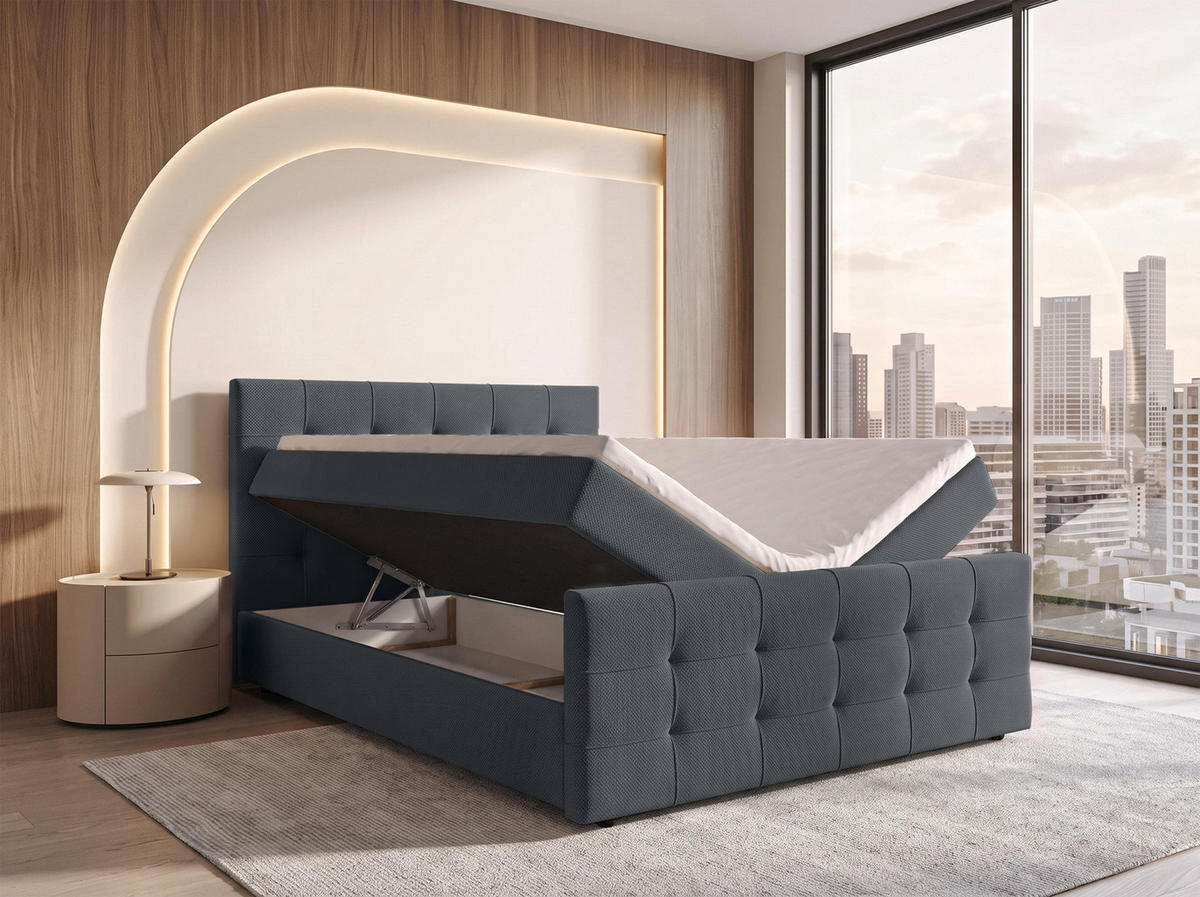 BOXBETT DEFNE 180x200 cm mit Fußteil und Matratze - Dunkelgrau + TOPPER - Dunkelgrau/Schwarz, Holz/Holzwerkstoff (180/200cm) - AX Living