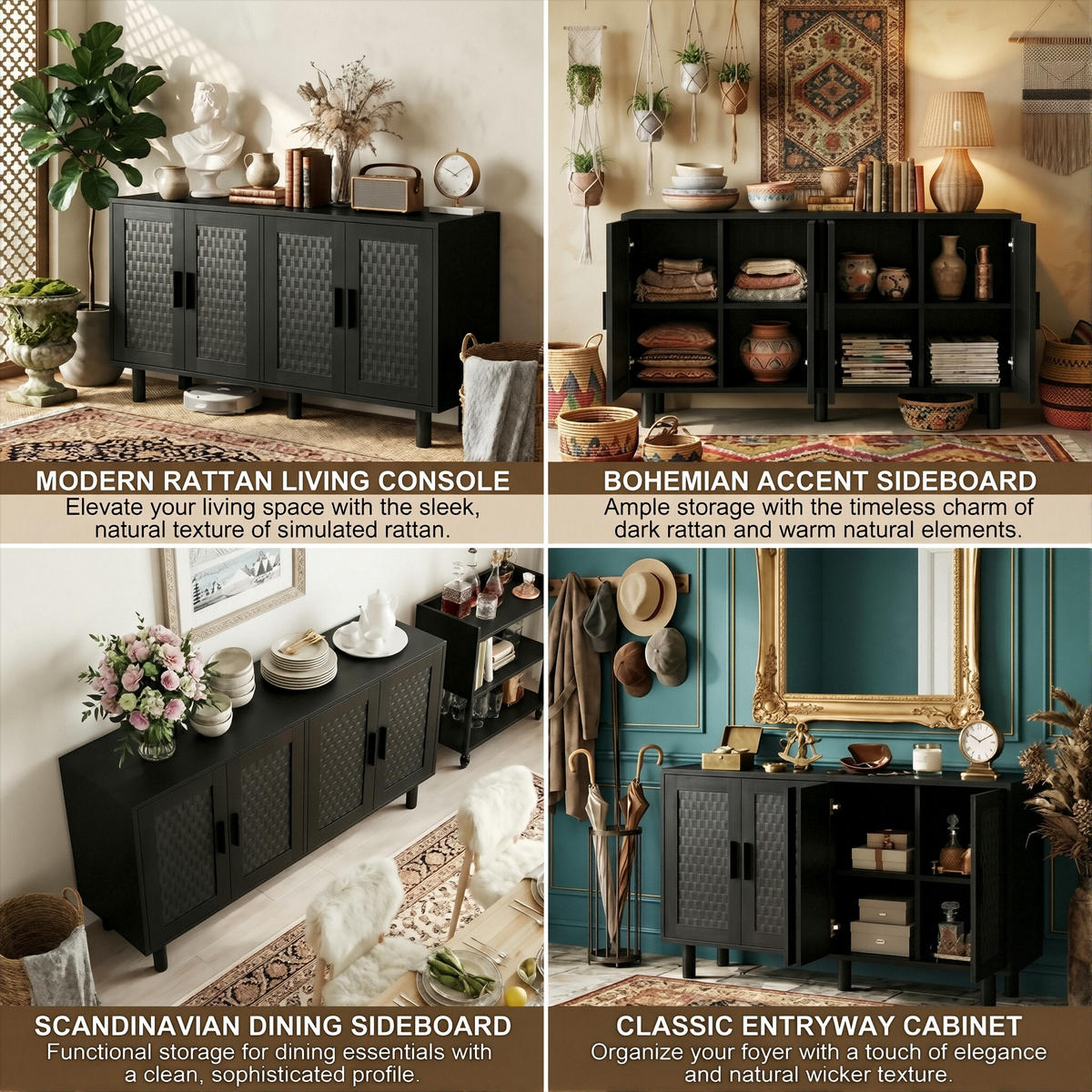 SIDEBOARD Japandi mit 4 Türen in Rattan-Optik 140/40/80 cm Schwarz - Schwarz, Holzwerkstoff (140/80/40cm) - Creahappy