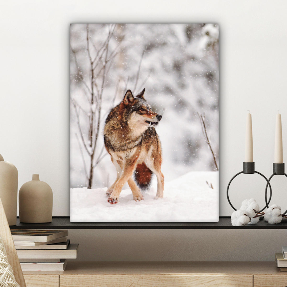LEINWANDBILD Wolf - Winter - Schnee - Natur - Tiere Room Decor 30x40 cm - Haselnussfarben, Textil (30/40cm) - MuchoWow