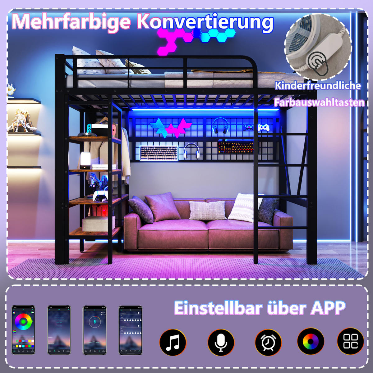 HOCHBETT 90/200 cm mit LED-Lichtleiste, Ablagefach, Hängenetz und Wäschestange, Eisenrahmen mit MDF, Schwarz - Schwarz, Metall (90/200cm) - Redom