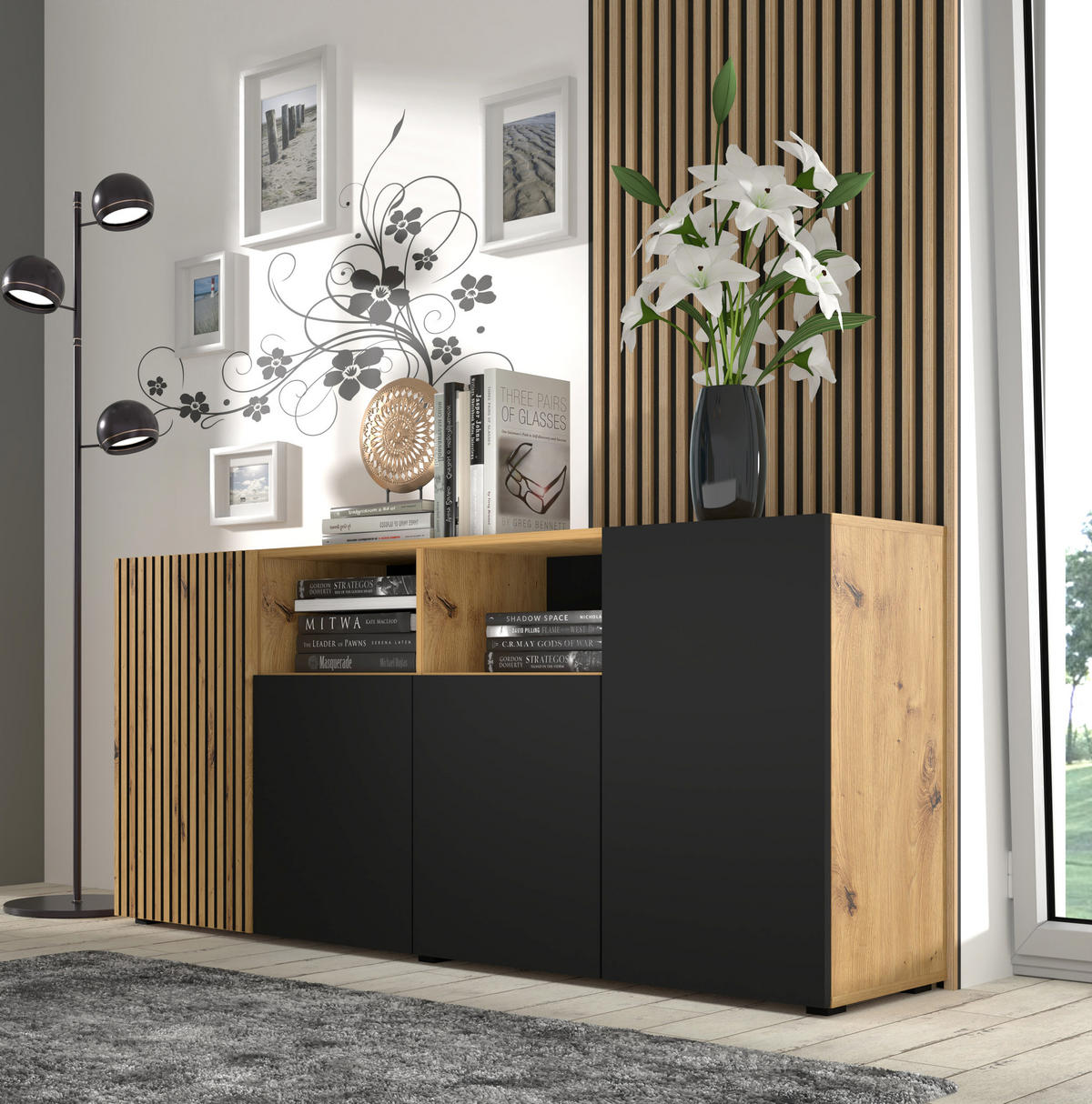 KOMMODE Artisan Eiche, Schwarz 180/82/42 - Schwarz, Holzwerkstoff (180/82/42cm) - RAUMHIRSCH FURNITURE