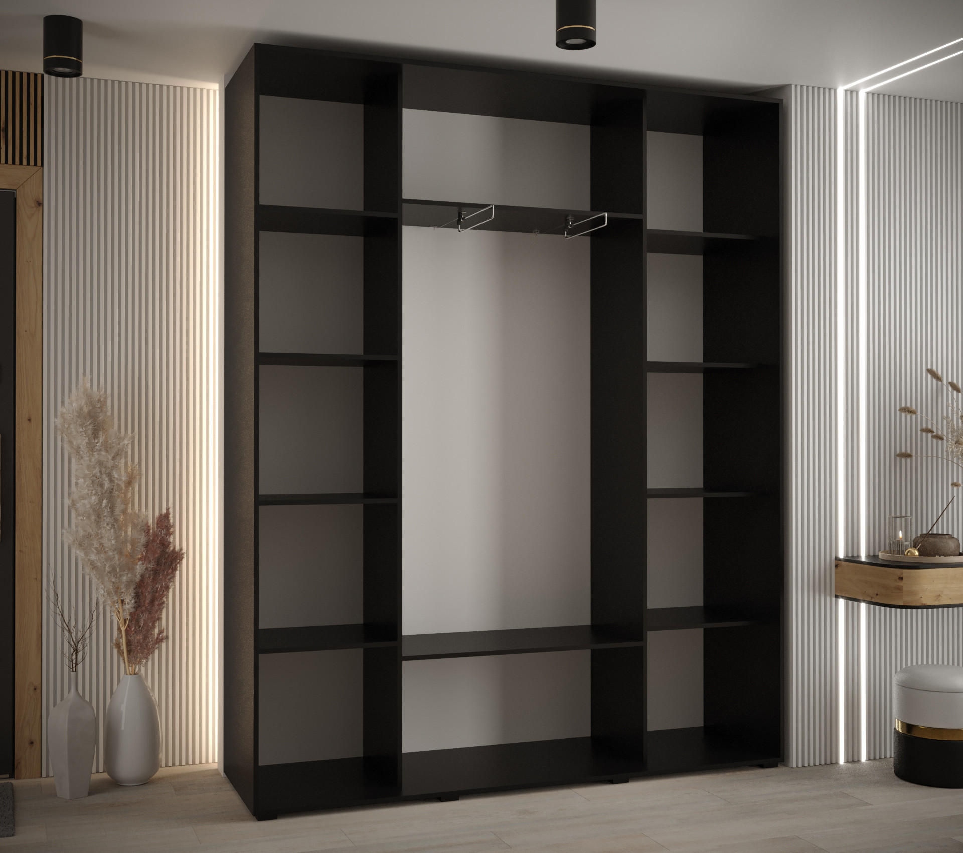 Thumbnail - Abiks Möbel Schwebetürenschrank, Schwarz, Eiche Artisan, Silber, Metall, Nachbildung, 10 Fächer, 190x235x45 cm, Schlafzi...