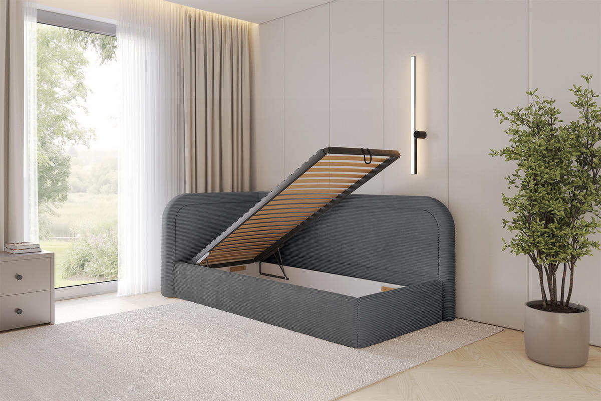 EINZELLBETT Jugendbett mit Bettkasten, Rechts - JOVY 100x200 Dunkelgrau - Schieferfarben, Holzwerkstoff/Textil (100/200cm) - ALTDECOR