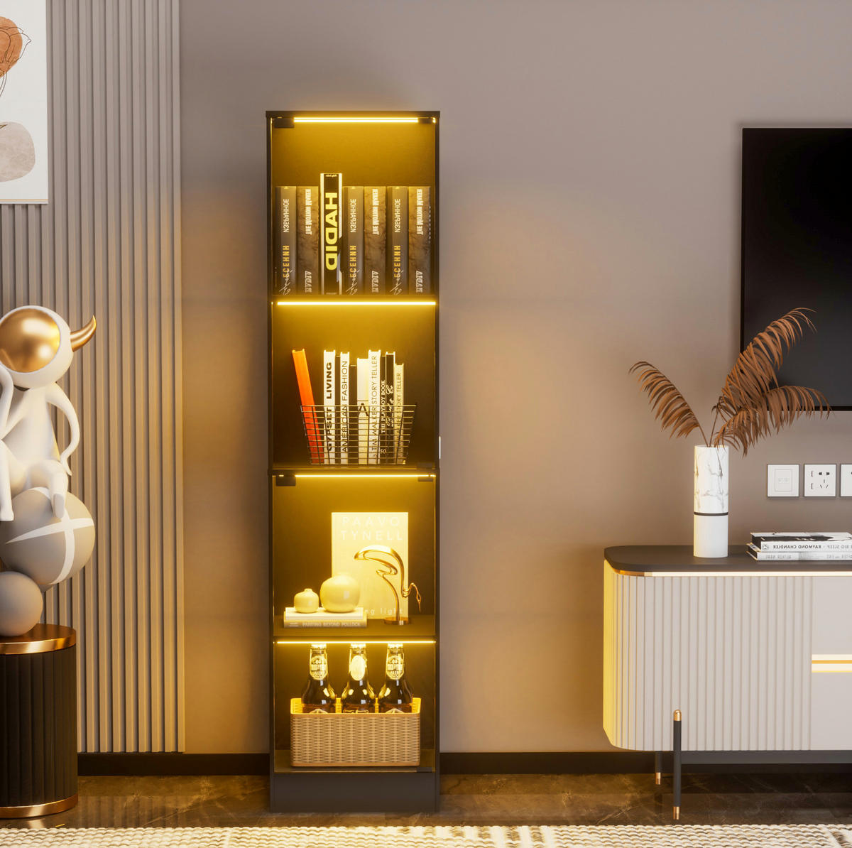 VITRINE 40/35/165 cm in Akaziefarben mit Glastüren und LED-Beleuchtung - Naturfarben, Kunststoff (40/165/35cm) - Flora Grace