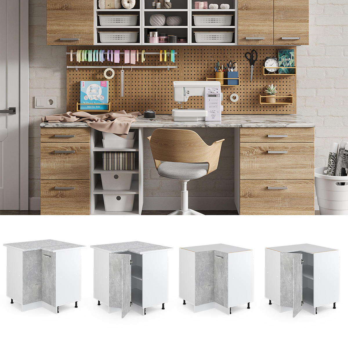 ECKSCHRANK FÜR HAUSRAT R-Line Beton 75.6 cm mit Tür, mit Arbeitsplatte - Schieferfarben/Weiß, Holzwerkstoff (75.6/81.6/60cm) - Vicco