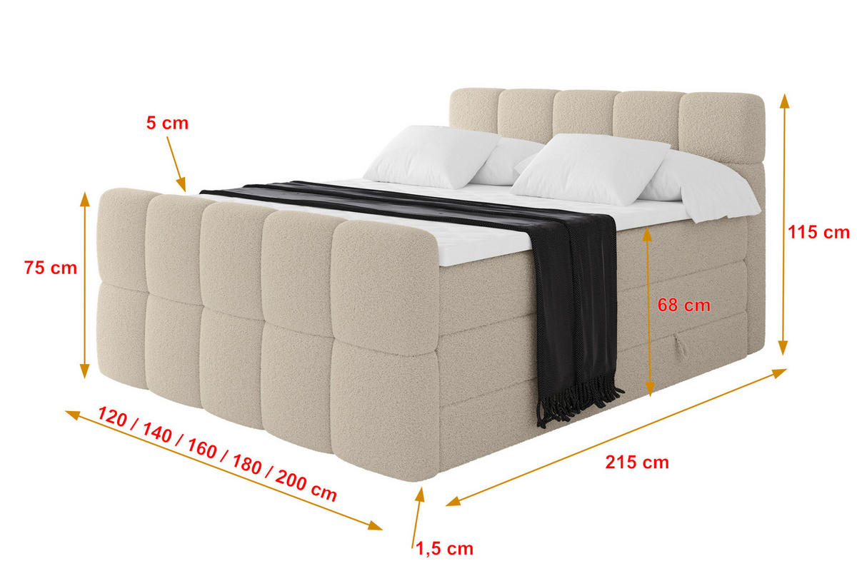 BOXBETT mit Matratze H3/H4 - FAMA-Z KING - 160x200 cm Dunkelbeige Quelle - Creme, Holzwerkstoff (160/200cm) - ALTDECOR