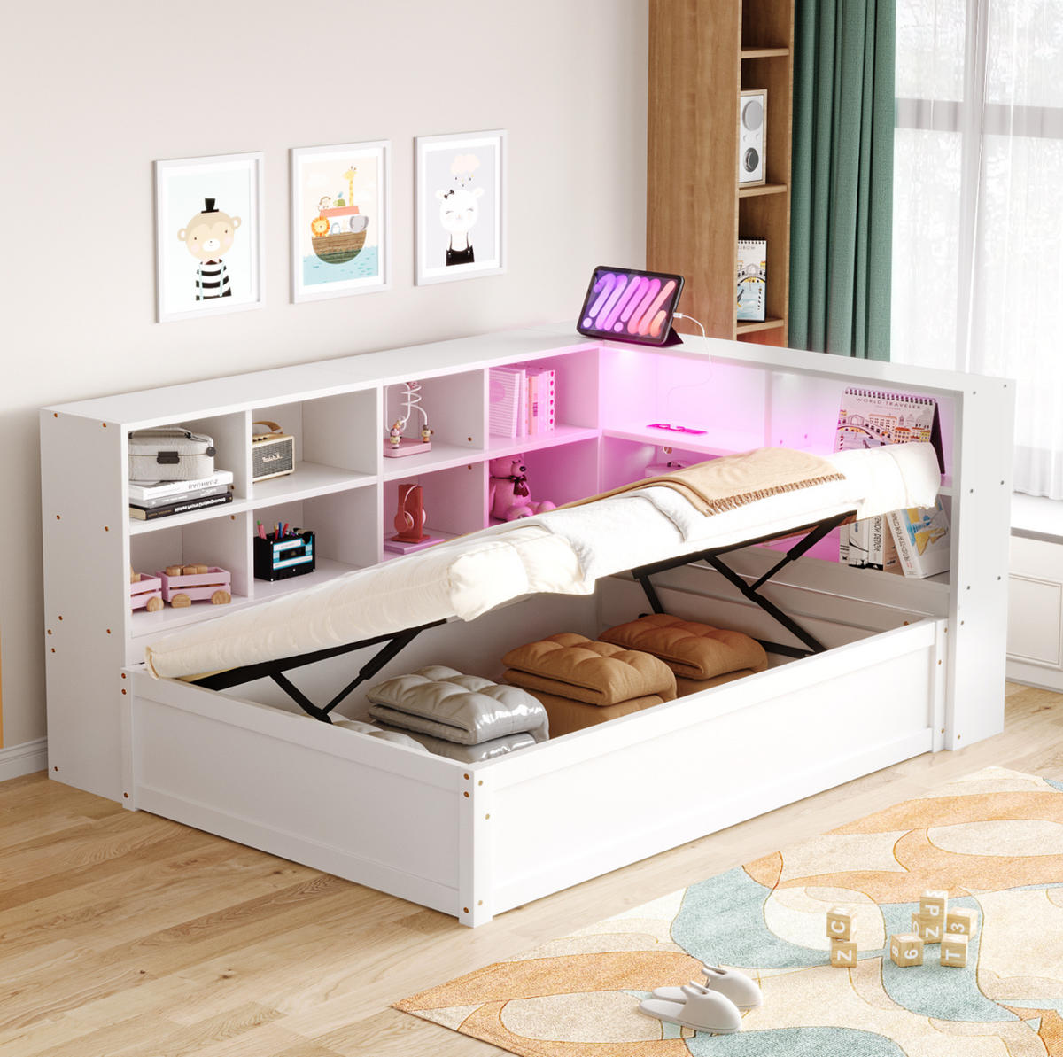 BETT 90/200 cm aus Holz mit Stauraum, LED-Beleuchtung und Steckdose, Weiß - Weiß, Holz (90/200cm) - Flora Grace