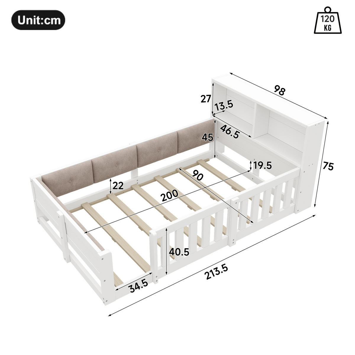 KINDERBETT Holzwerkstoff 90x200 cm Weiß/Natur mit Gitter, LED und Stauraum - Weiß, Holzwerkstoff (90/200cm) - Modfu
