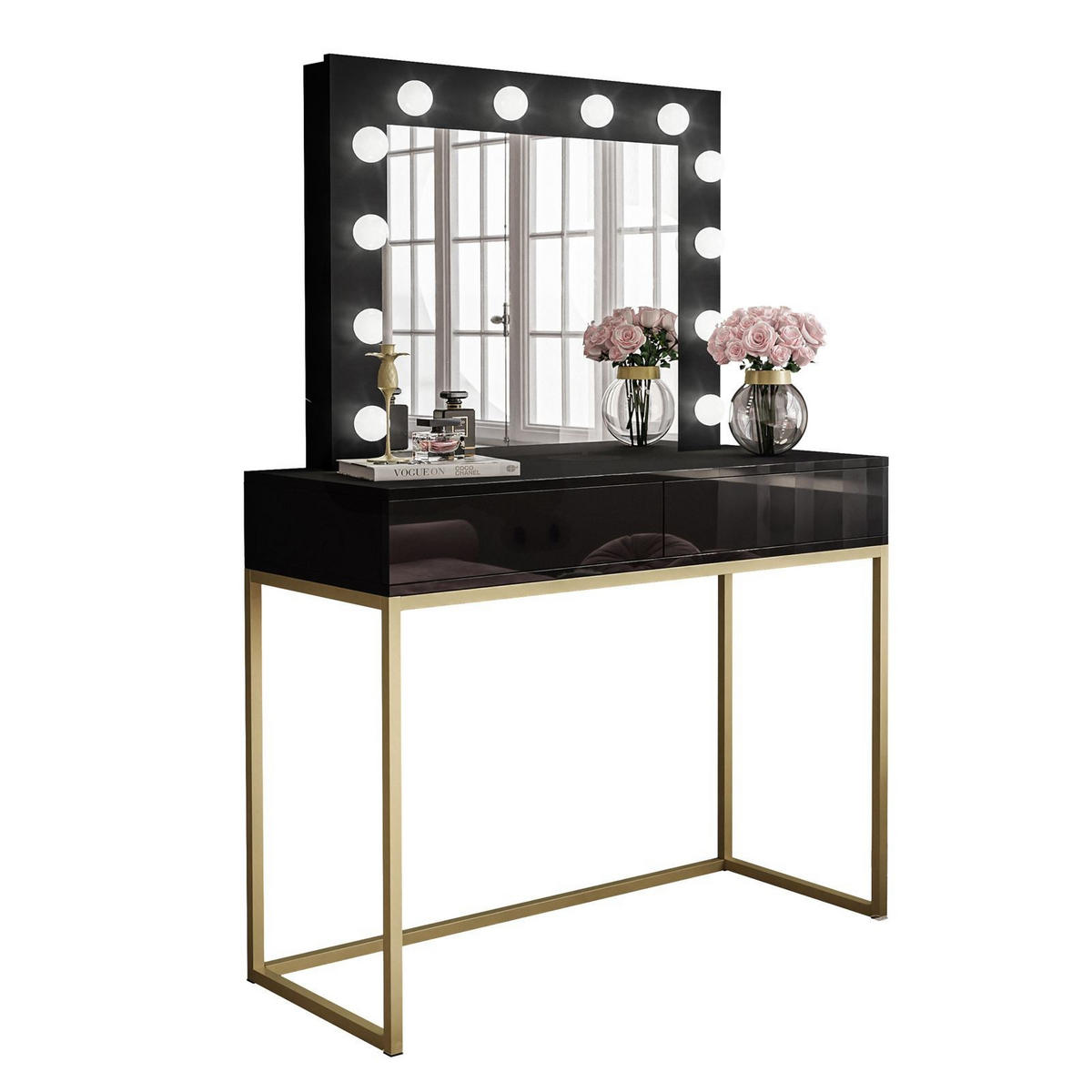 SCHMINKTISCH BLANCO GOLD mit Spiegel und Beleuchtung Schwarz PUSH OPEN - Goldfarben/Schwarz, Holzwerkstoff (100/146/42cm) - Lookway