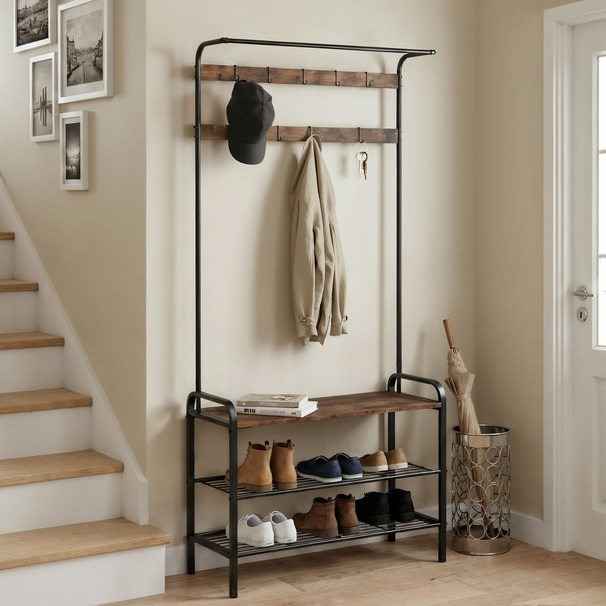 GARDEROBENSTÄNDER Alberta, inklusive Kippschutz, 85,5 x 36 x 184 cm, Industrial Holz dunkel, rustikal - Rostfarben, Textil (36/184/85.5cm) - tectake