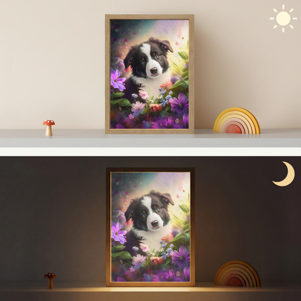 NÁSTĚNNÁ LAMPA S AKUMULÁTOREM Štěně - Slunce - Květiny - Příroda - Border kolie - Pes 30x40 cm - fialová, kompozitní dřevo (30/40/8cm) - OnlyWow