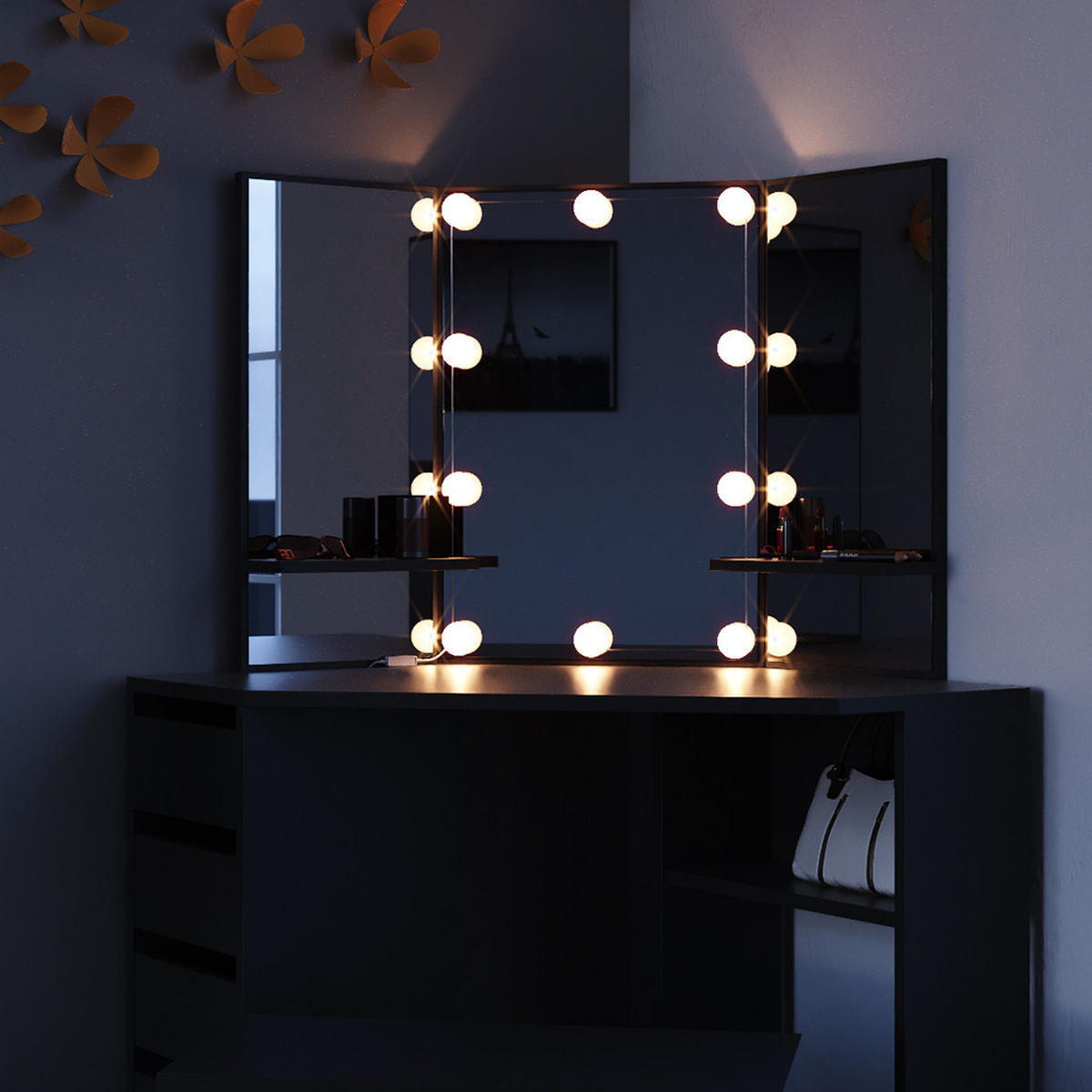 ECKSCHMINKTISCH Arielle Schwarz 110 cm mit LED Beleuchtung und Bank - Schwarz, Holzwerkstoff (110/141.5/54cm) - Vicco
